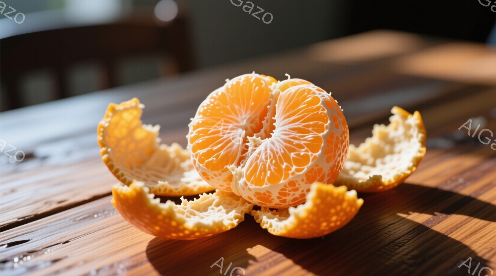 剥かれたオレンジが木製のテーブルの上に置かれています。オレンジの果肉は鮮やかなオレンジ色で、種がいくつか見えます。テーブルの表面には影が落ち、暖かく自然な雰囲気を醸し出しています。
