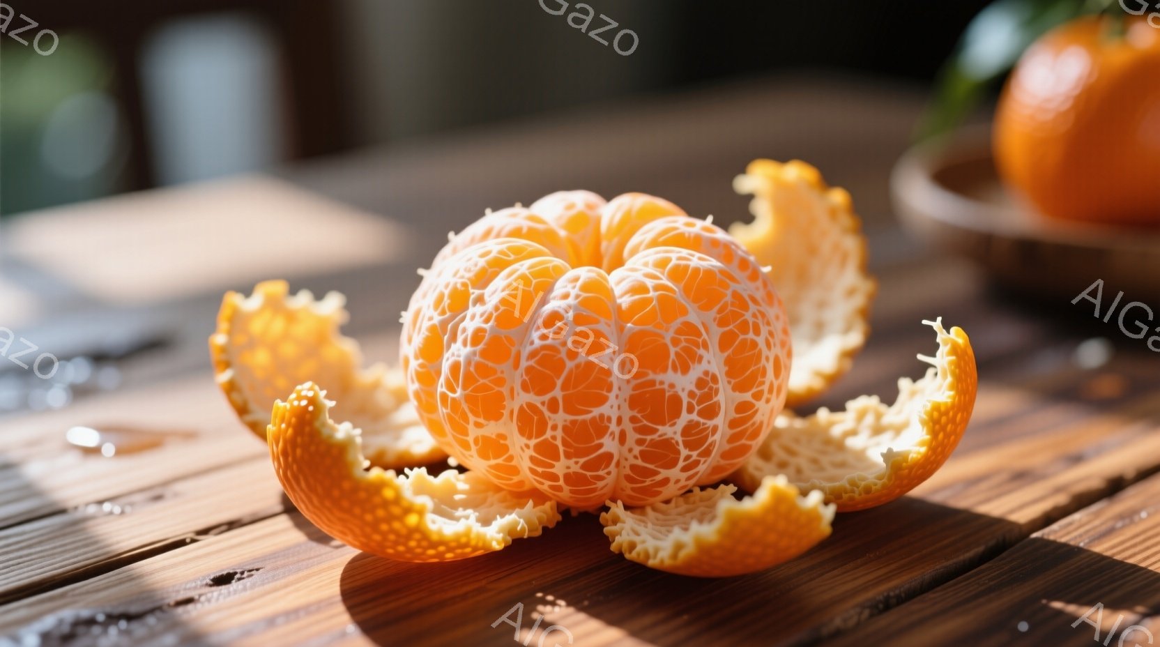 剥かれたオレンジが木製のテーブルの上に置かれています。オレンジの皮はねじれ、独特のテクスチャを見せており、明るいオレンジ色と鮮やかな色が目を引きます。背景にはぼやけたオレンジ色の果物と、木製のテーブルの質感があり、全体的に暖かく、活気のある雰囲気です。