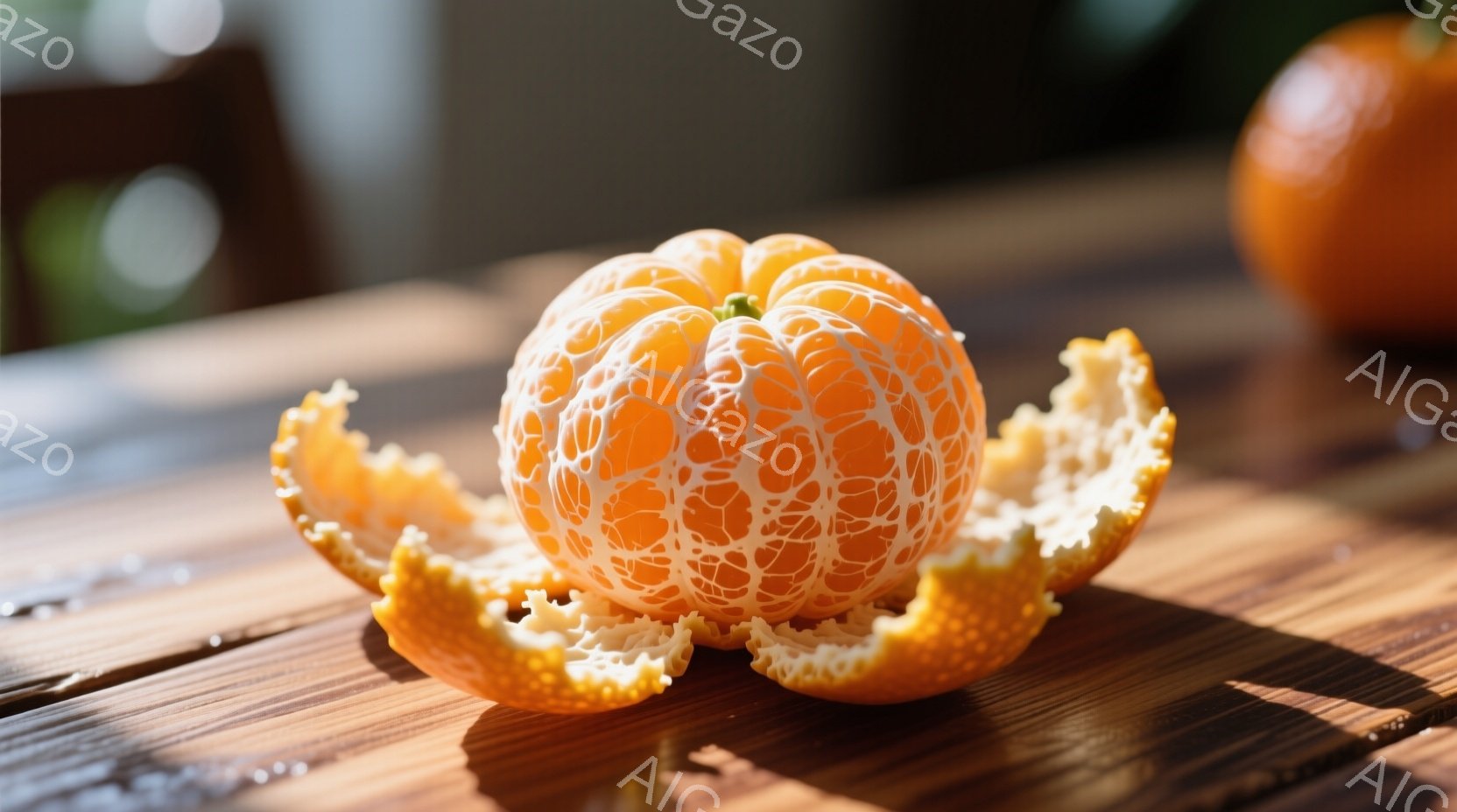 剥きかけのみかんが木製のテーブルの上に置かれています。みかんの表面は細かく区切られた果肉が露出し、鮮やかなオレンジ色で、周囲には剥がされた皮が広がっています。背景はぼやけており、光が差し込んでおり、全体的に温かく親しみやすい雰囲気です。