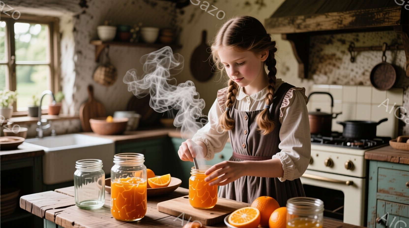 金髪を二つに結んだ少女が、薄茶色のエプロンドレスを着て、オレンジの果汁を瓶に注いでいる。彼女は真剣な表情で作業に集中しており、瓶から立ち上る湯気と、木製のテーブルに置かれたオレンジのスライスが温かさを感じさせる。背景には、レトロなキッチンと窓から見える緑豊かな自然があり、素朴で穏やかな雰囲気を醸し出している。