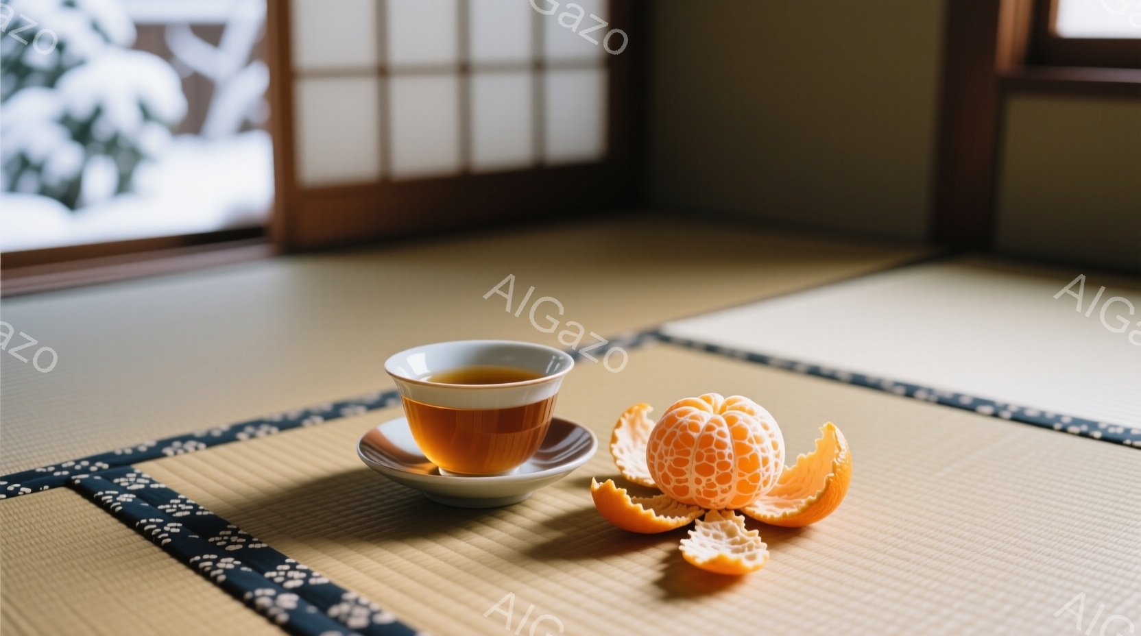 畳の上に、白磁の湯呑みと、剥きかけのみかんが置かれています。窓の外には雪景色が見え、室内は落ち着いた雰囲気で、静かな冬の午後のような印象を与えます。みかんの鮮やかなオレンジ色が、畳の茶色と白い湯呑みとのコントラストを生み出しています。