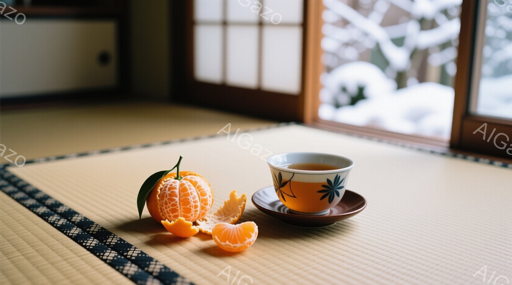 畳の上に、みかんと茶碗が並べられています。みかんは半分に剥かれており、瑞々しい果肉が覗いています。背景には、雪景色が見える障子があり、静かで落ち着いた冬の雰囲気が漂っています。