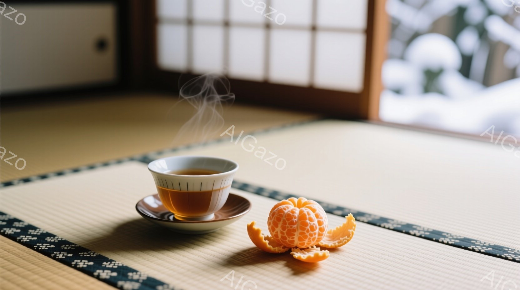 畳の上に、湯気が立ち上る茶碗と、皮がむかれたみかんが置かれています。背景には障子窓があり、雪景色が見え、静かで落ち着いた冬の日の雰囲気を醸し出しています。全体的に暖かく、日本の伝統的な美しさを感じさせる穏やかな光景です。