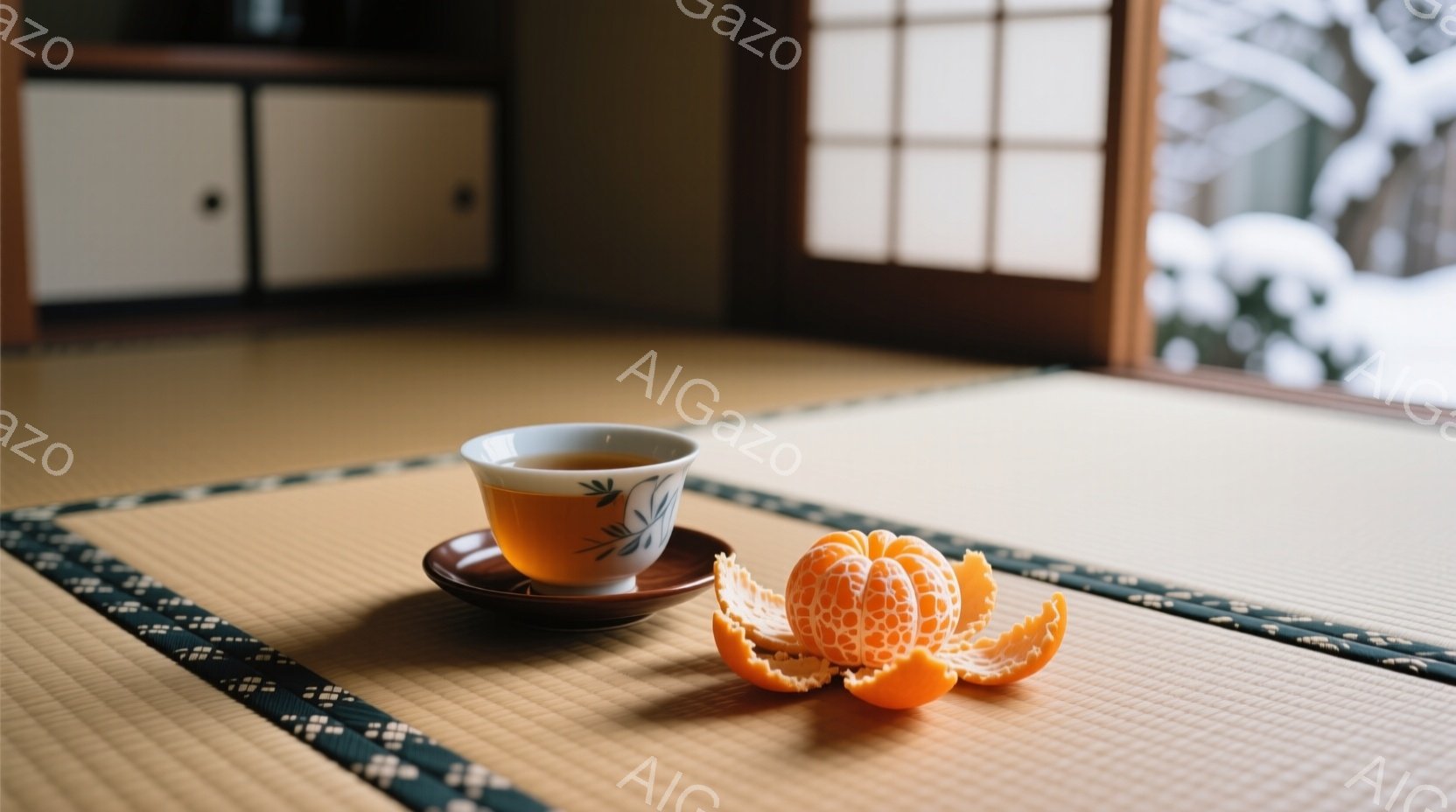 畳の上に、白磁の湯呑みと茶托、そして皮をむいたみかんが置かれています。湯呑みには緑茶のようなお茶が入っており、背景には障子窓から見える雪景色が広がっています。静かで落ち着いた雰囲気で、冬の暖炉でのくつろぎを感じさせます。