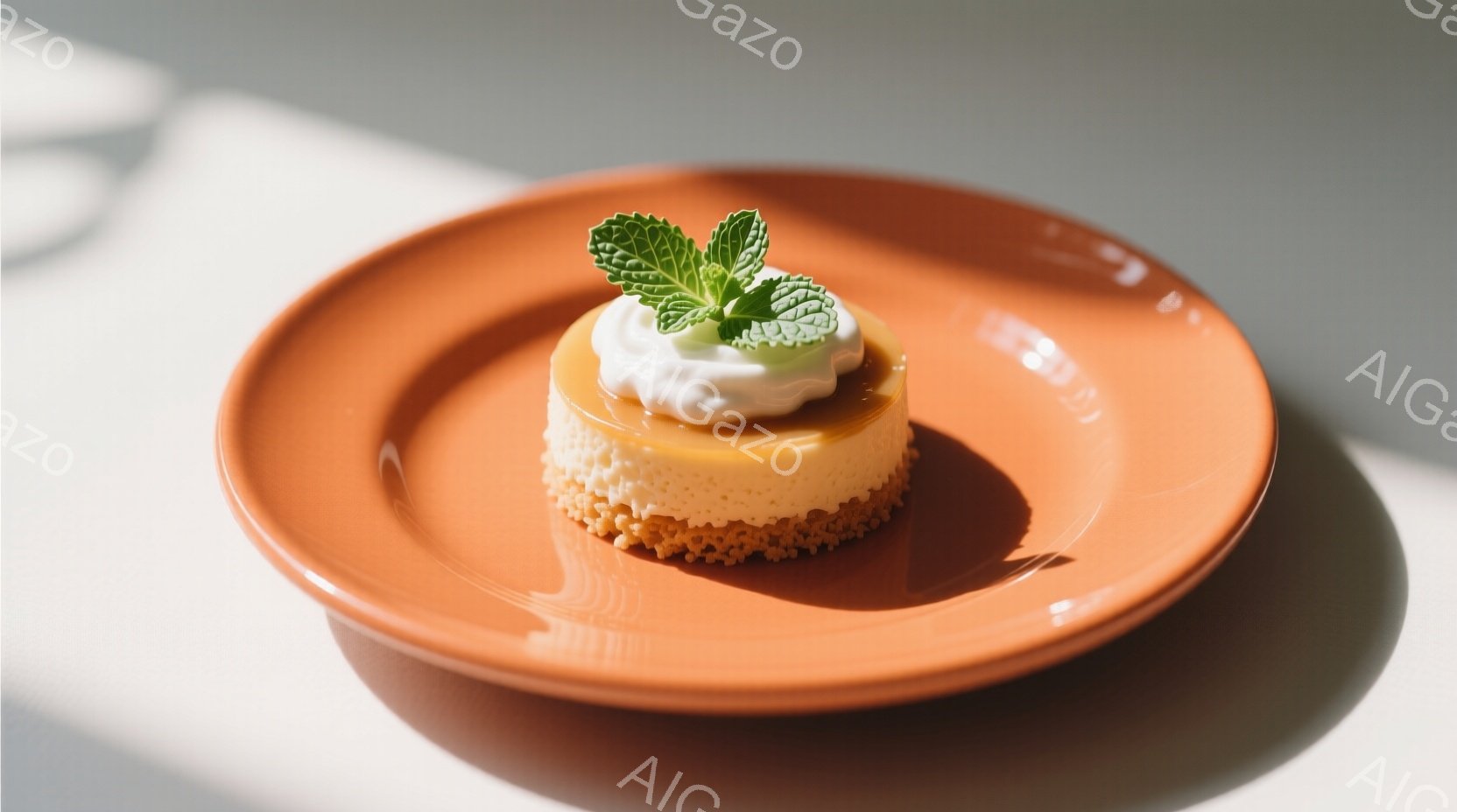 鮮やかなオレンジ色の皿に、小さなチーズケーキが置かれています。チーズケーキの上には、白いクリームと新鮮なミントの葉が飾られ、食欲をそそる様子です。背景は白く、光が柔らかく当たっており、温かみのある雰囲気を醸し出しています。