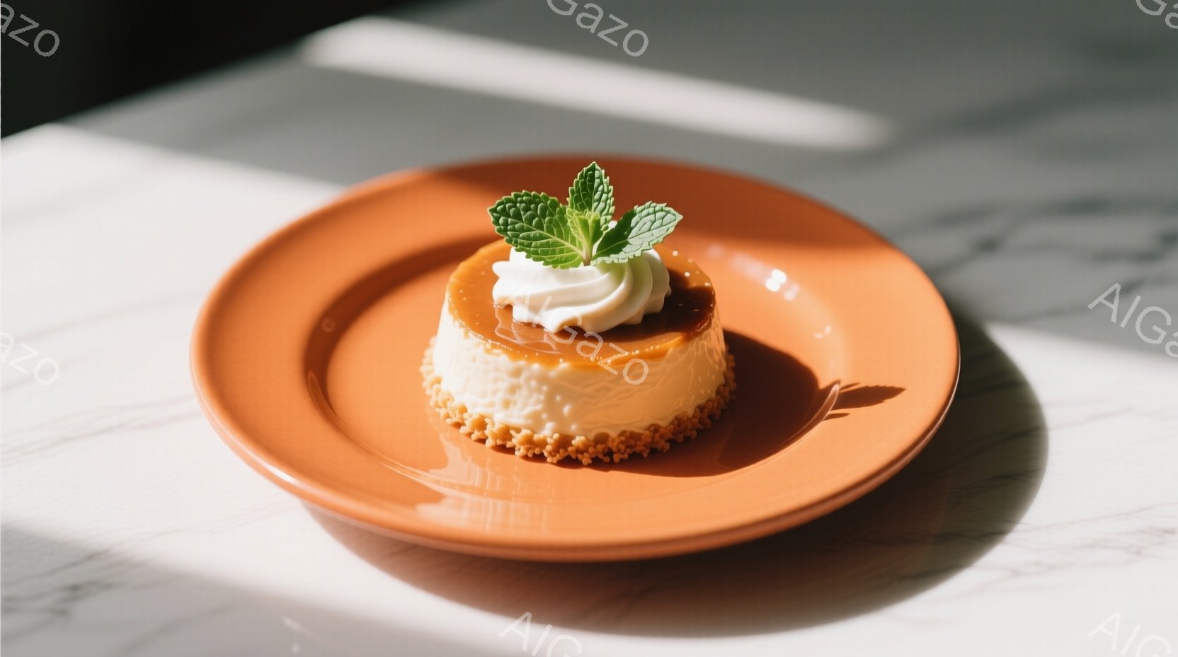 オレンジ色の皿に、カラメルソースがかかった小さなチーズケーキが置かれています。ケーキの上には、白くふわふわとしたクリームと、鮮やかな緑のミントの葉が飾られています。背景は白く光沢のあるテーブルで、光が当たってケーキが明るく照らされています。