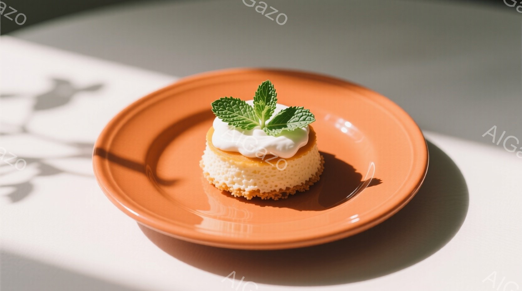 オレンジ色の皿の上に、小さくて可愛らしいチーズケーキが乗っています。ケーキの上には白いクリームとフレッシュなミントの葉が飾られ、明るい光の下で美味しそうに輝いています。背景は白いテーブルで、葉っぱの影が落ちており、全体的に爽やかで食欲をそそる雰囲気です。