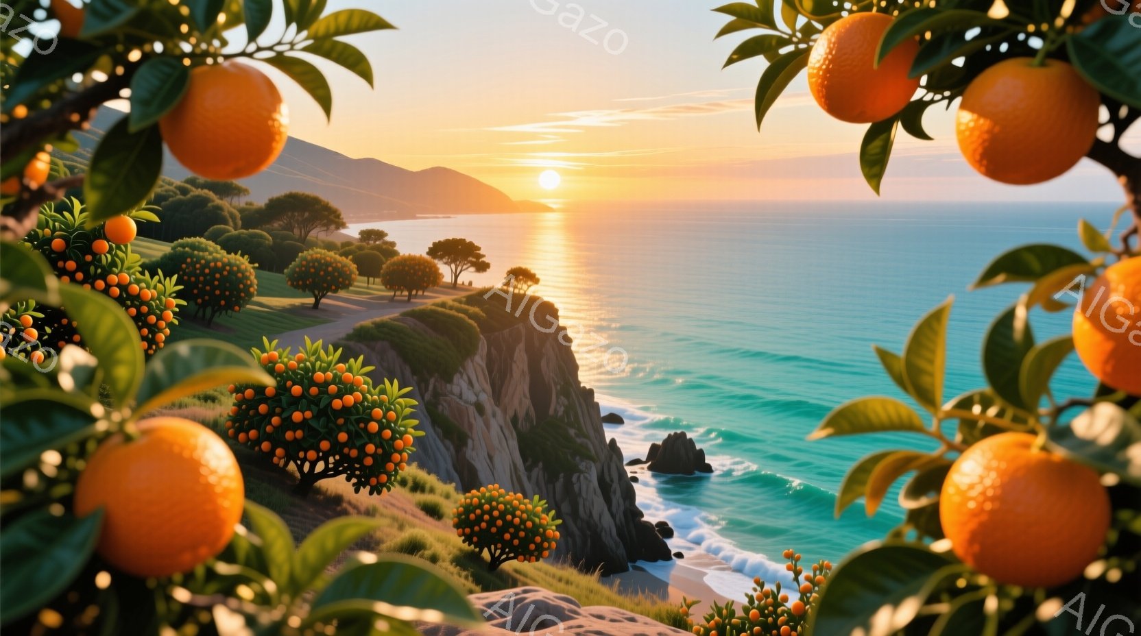 崖の上にオレンジが実った木々が生い茂り、その向こうには青い海と夕焼けが広がっています。夕日は海面を金色に染め、穏やかな波が白い砂浜に打ち寄せます。全体的に暖かく、平和で、穏やかな雰囲気が漂っています。