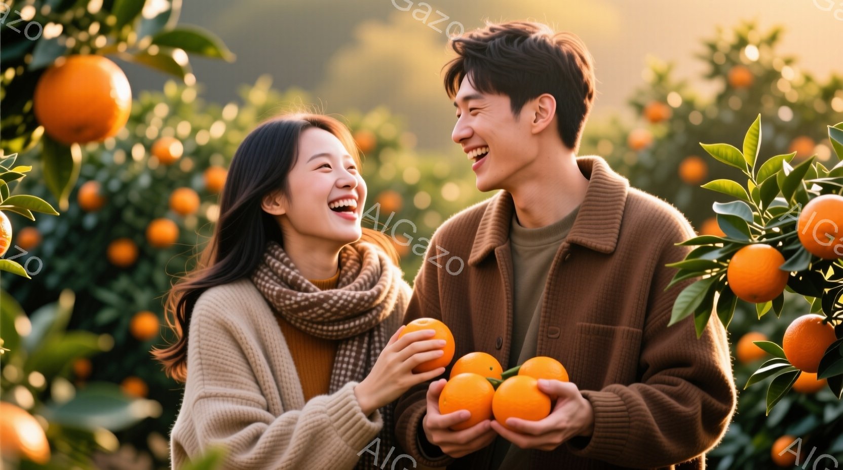笑顔の男女がみかん園に立っています。女性はベージュのセーターとスカーフを巻き、男性は緑色のシャツに茶色のジャケットを着ています。みかんの実が背景いっぱいに広がり、温かく明るい雰囲気を作り出しています。