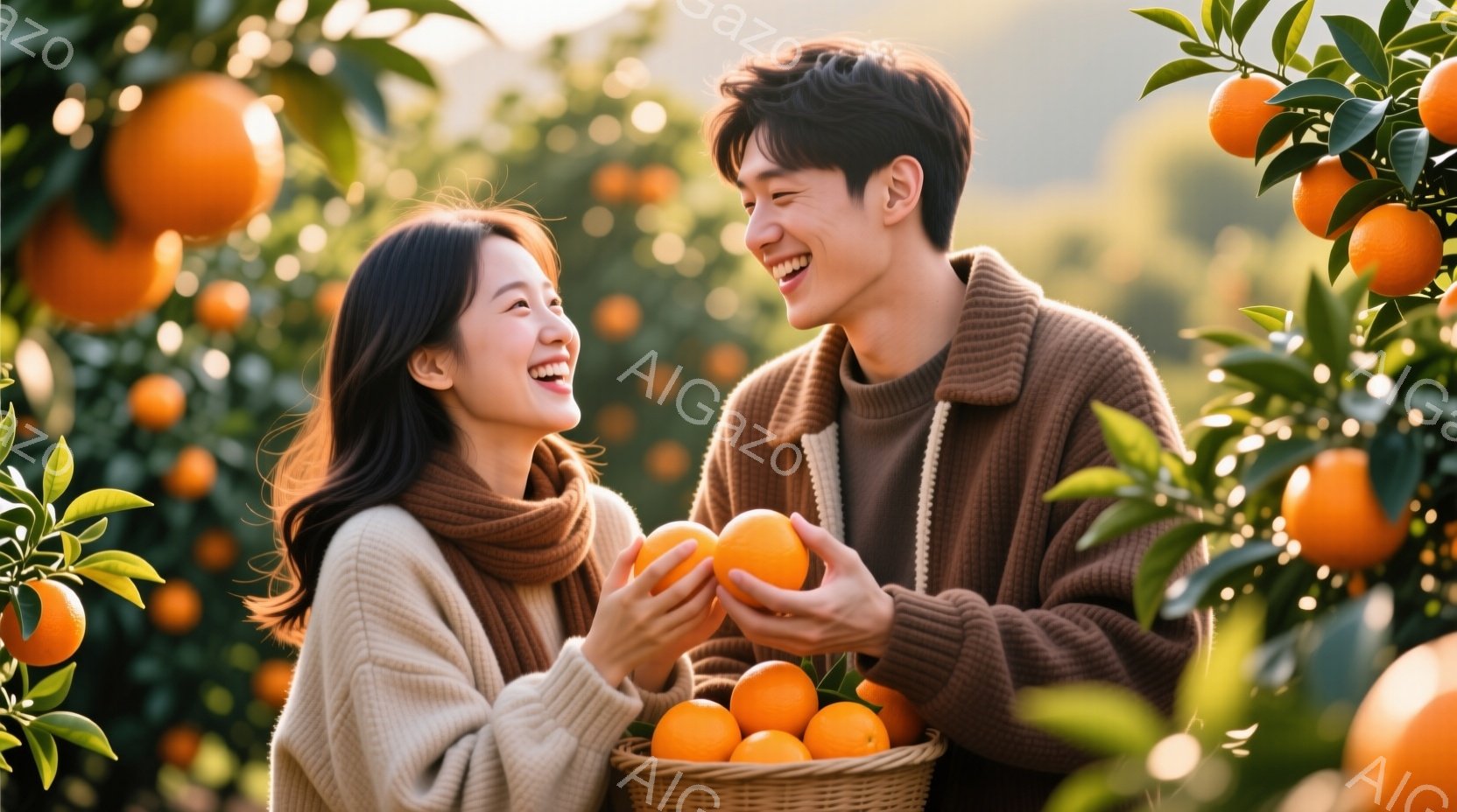 オレンジ畑で笑顔でオレンジを交換する若いカップルが写っています。女性はベージュのニットセーターとショール、ロングヘアで、男性はブラウンのセーターを着ています。背景には、鮮やかなオレンジ色の実をつけたオレンジの木々が生い茂り、暖かく穏やかな雰囲気です。