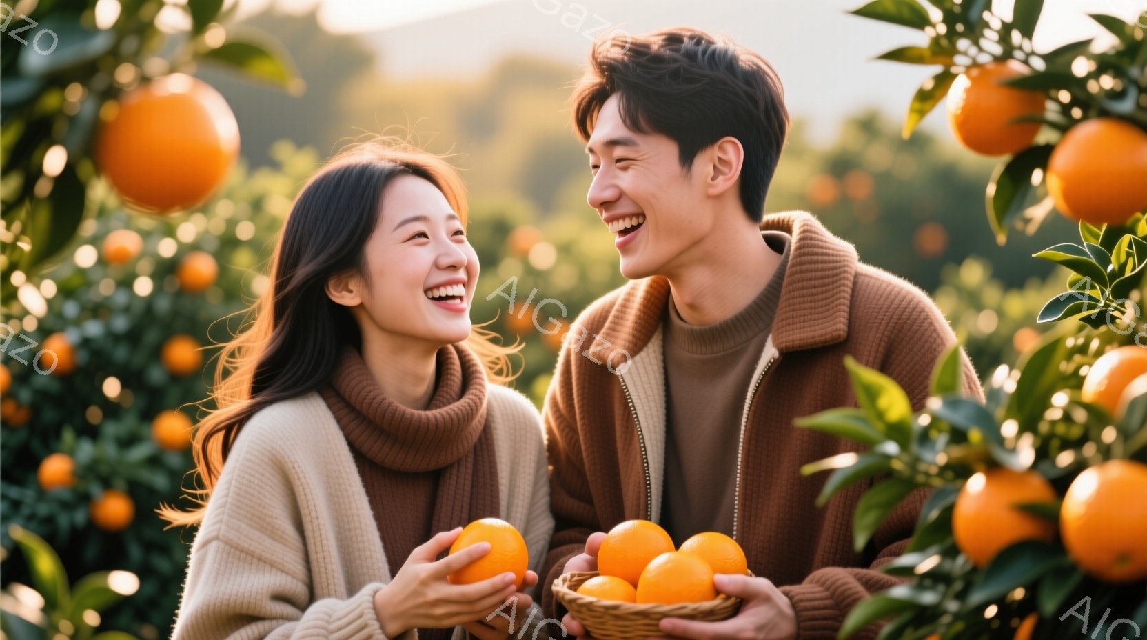 鮮やかなオレンジ畑を背景に、若い男女が笑顔でオレンジを手にしている。女性はゆるいウェーブの長い髪で、クリーム色のセーターを着ており、男性は茶色のニットにベージュのシャツを着ている。二人は親密に寄り添い、温かく幸せな雰囲気が漂っている。