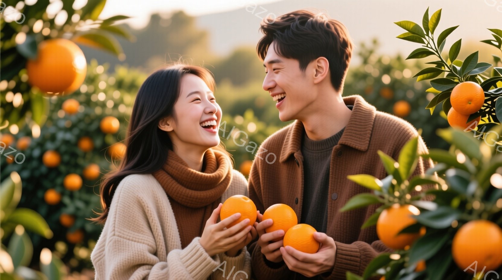 笑顔の男女がオレンジを持っており、背景にはオレンジの木がたくさん生えています。女性はベージュのセーター、男性はブラウンのカーディガンを着ており、暖かい日差しの中で幸せな雰囲気が漂っています。背景にはぼんやりと山々が見え、秋の穏やかな果樹園の風景が広がっています。