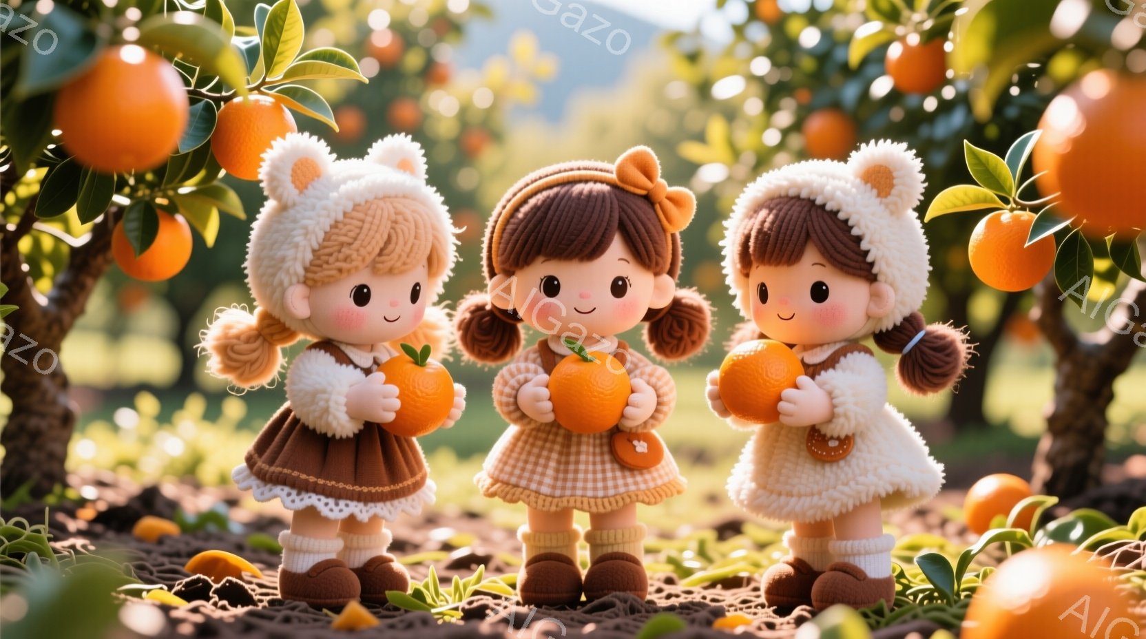 3人の女の子がオレンジ色の実がなる木立の中に立っています。彼女たちは皆、ふわふわの帽子、茶色の巻き毛の髪型、暖かい色の服を着ており、それぞれ手にオレンジを持っています。背景は鮮やかなオレンジ色の実で満たされた木々、緑の草、そして穏やかな日差しが差し込む暖かい雰囲気です。