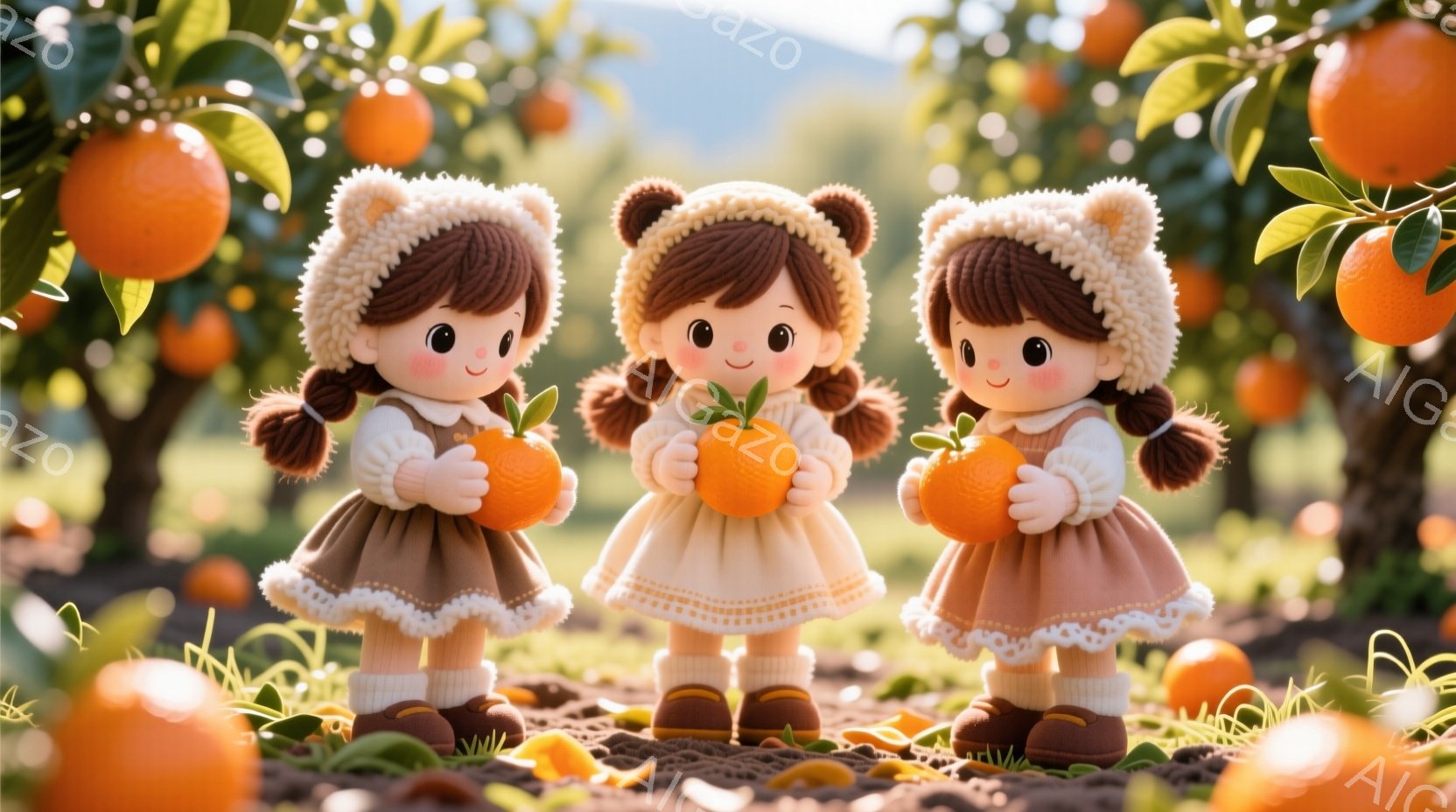 可愛らしい女の子たちがオレンジ色の帽子を被り、茶色のワンピースとブーツを身に着けて立っています。それぞれが大きなオレンジを抱え、満面の笑みを浮かべています。背景にはオレンジの木が生い茂り、地面にはオレンジが落ちている様子が描かれており、温かく穏やかな雰囲気が漂っています。