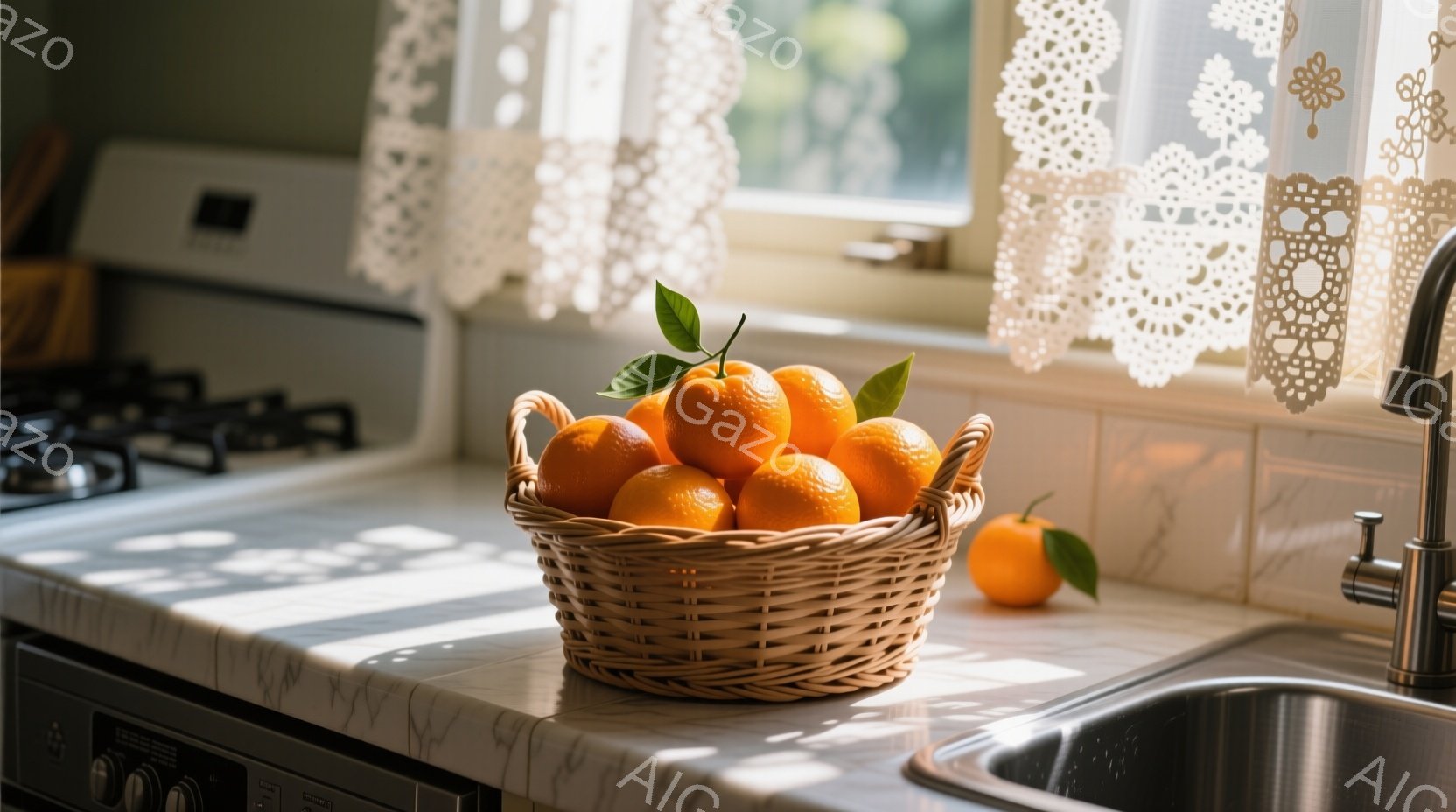 白いキッチンカウンターの上に、みかんが盛られた籐の籠が置かれています。窓からは光が差し込み、カウンターに縞模様の影を作り出し、暖かく穏やかな雰囲気を醸し出しています。シンクとガスコンロが背景にあり、家庭的な台所の一コマが切り取られています。