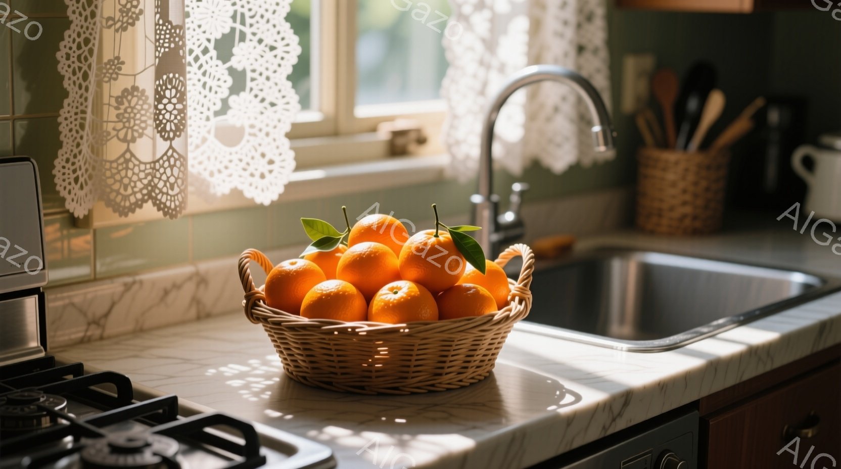 キッチンカウンターの上に、オレンジが盛られたバスケットが置かれています。バスケットの隣にはステンレス製のシンクがあり、背景にはレースのカーテンが掛かった窓が見えます。全体的に暖色系の光が差し込み、家庭的で穏やかな雰囲気が漂っています。