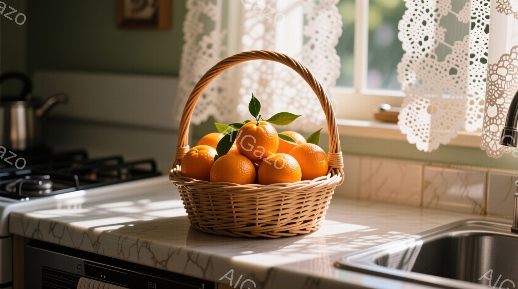 キッチンのカウンタートップに、オレンジが盛り込まれた柳のバスケットが置かれています。鮮やかなオレンジの色がバスケットから溢れ出し、背景の白いレースのカーテンと、ステンレス製のシンク、コンロとコントラストをなしています。暖かく穏やかな光が差し込み、家庭的で心地よい雰囲気を醸し出しています。