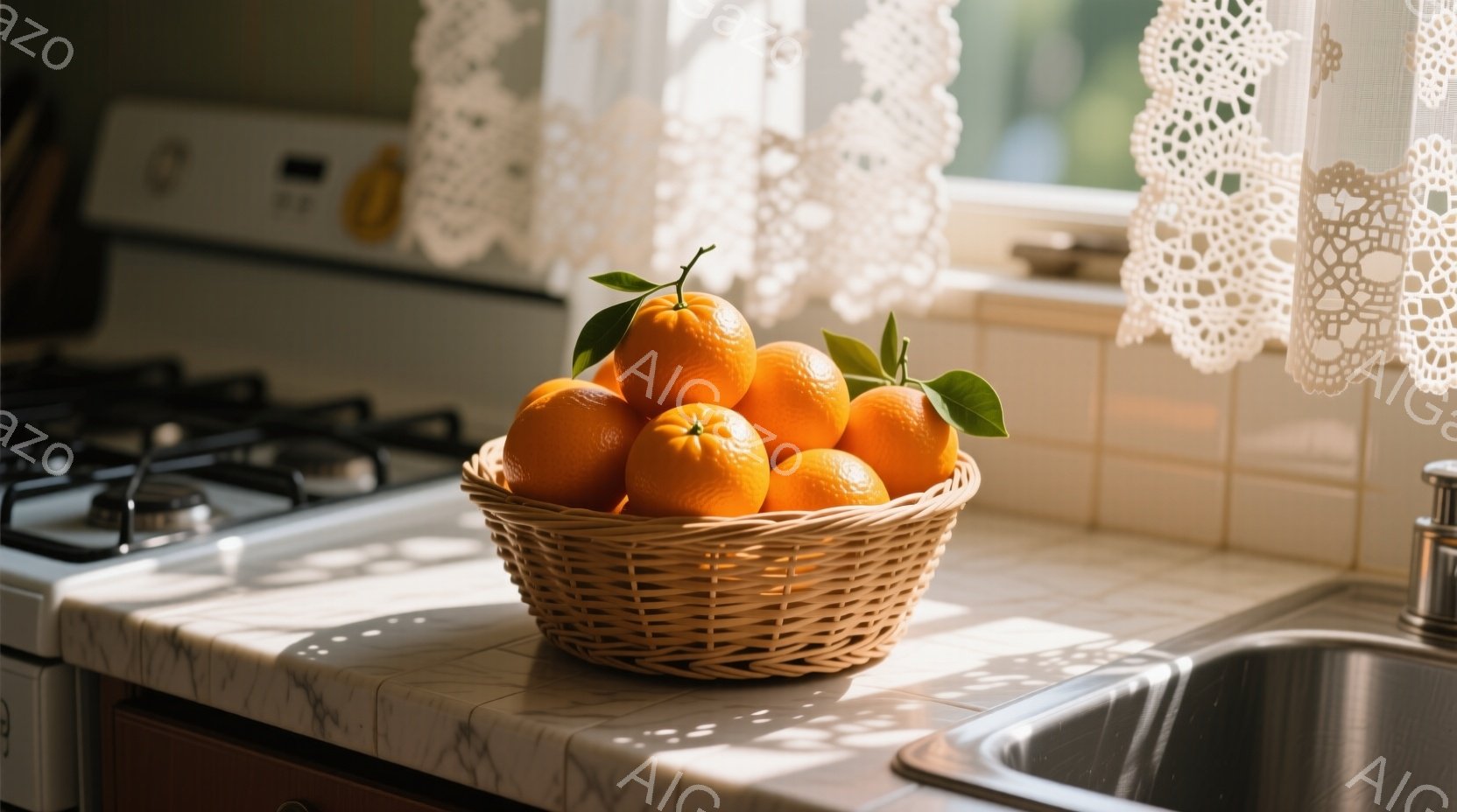 キッチンのカウンタートップに、オレンジが詰まった籐のバスケットが置かれています。背景にはガスコンロとシンク、そしてレースのカーテンがかかった窓が見え、温かい日差しが差し込んでいます。全体的に、家庭的で穏やかな雰囲気が漂う、日常の一コマを切り取った写真です。