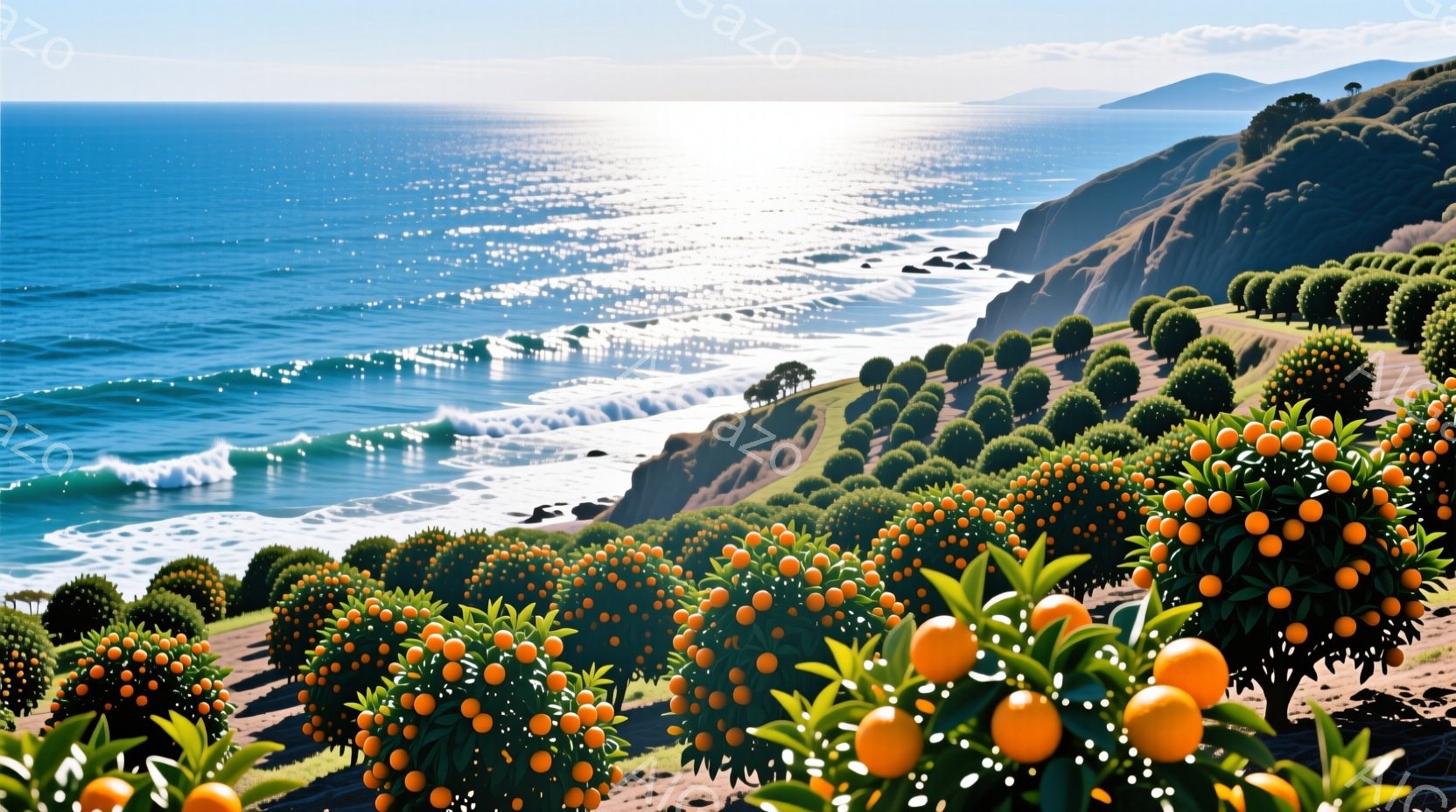 海岸線に沿って整然と並んだオレンジの木々が印象的な風景を描いています。青い海と白い波が広がり、太陽の光が水面で反射してキラキラと輝いています。全体的に穏やかで明るい雰囲気で、まるで楽園のような景色です - AI生成フリー素材