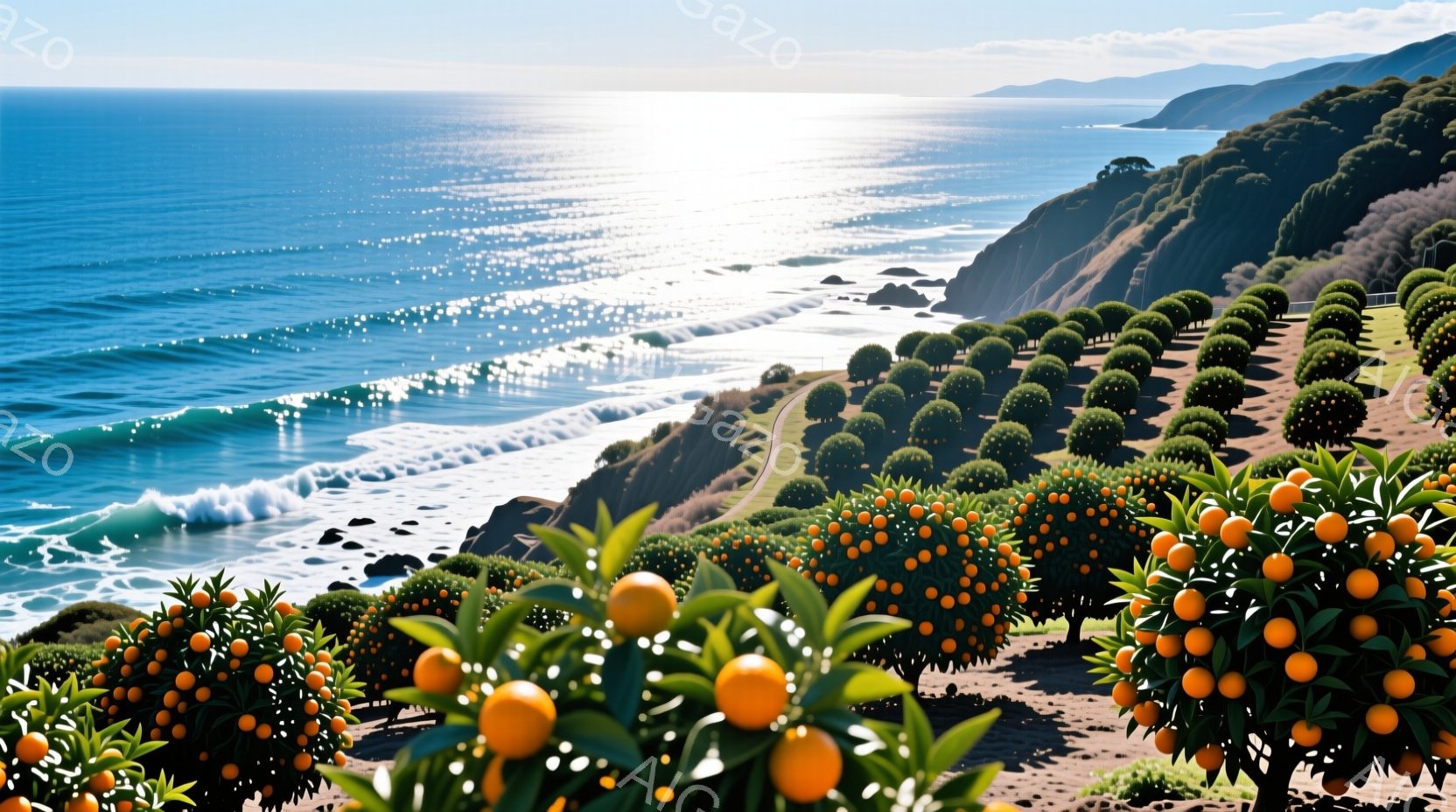 切り立った崖に沿って整然と並んだオレンジの木々が印象的な風景です。青い海が穏やかな波を打ち寄せ、遠くには霞んだ山々が連なっています。明るい日差しと鮮やかなオレンジ色が、暖かく活気のある雰囲気を醸し出しています。