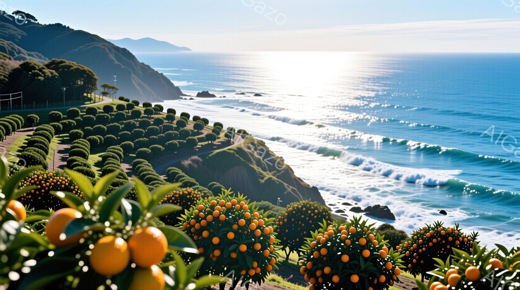 海岸線に沿って伸びる柑橘類の果樹園を捉えています。緑豊かな丘陵に整然と並んだオレンジ色の実が印象的で、背景には青い海と白い波が広がっています。晴天のもと、穏やかで鮮やかな自然の風景が広がっています。
