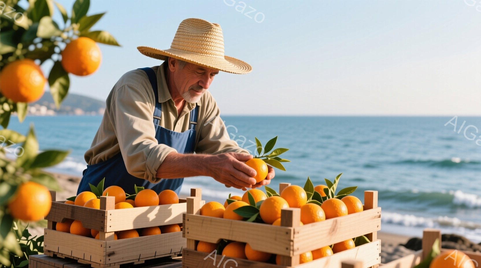 麦わら帽子とオーバーオールを着た年配の男性が、オレンジを木箱に詰める作業をしている。彼の表情は穏やかで、丁寧にオレンジを選び、木箱に並べている様子が伺える。背景には青い海と海岸線が広がり、晴天の下でオレンジの収穫を楽しむ様子が伝わる、平和で温かい雰囲気である。
