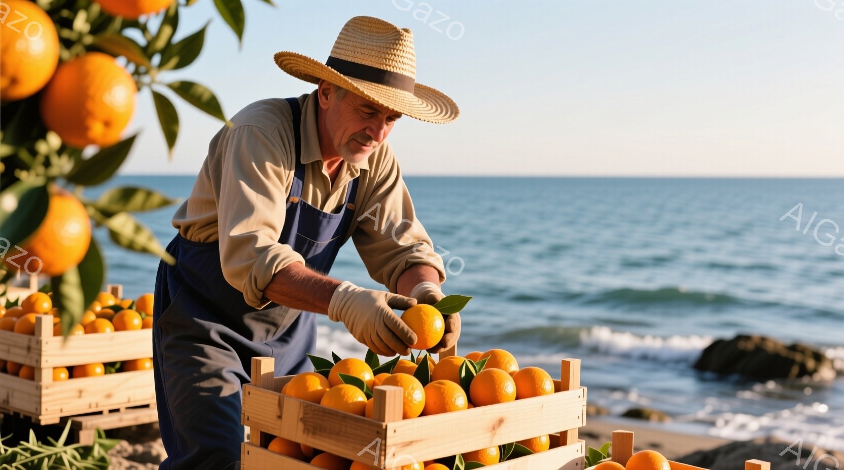麦わら帽子とオーバーオールを着た男性が、オレンジを木箱に丁寧に並べている。背景には青い海と穏やかな波が見え、太陽の光がオレンジと海面を照らしている。全体的に暖かく、穏やかな雰囲気で、収穫の喜びを感じさせる光景である。