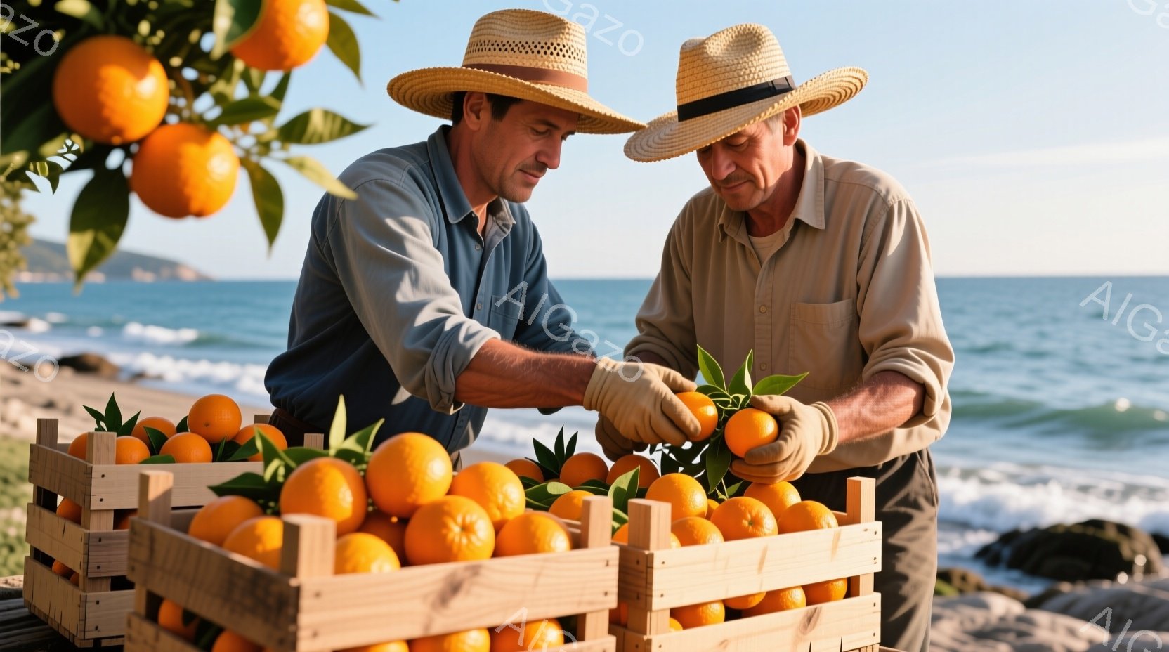 二人の男性がオレンジを木箱に詰めている。彼らは麦わら帽子と長袖シャツを着ており、日差しを避けているようだ。背景には青い海と海岸線が広がり、暖かい日差しが降り注いでおり、全体的に穏やかで自然な雰囲気が漂っている。