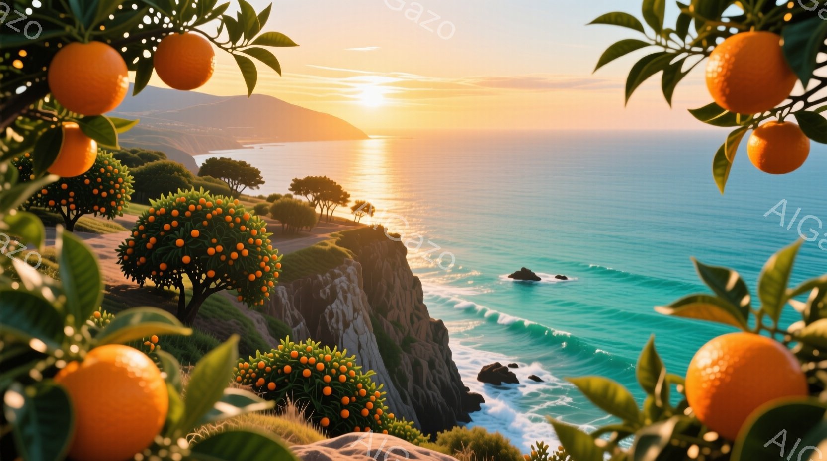 鮮やかなオレンジが実った木々が画面の縁を飾る、海岸線の崖の風景です。エメラルドグリーンの海が夕焼けに照らされ、白い波が岩場に打ち寄せ、穏やかで平和な雰囲気を醸し出しています。遠くには、シルエット状の山々が広がり、夕日の暖かさが全体を包み込んでいます。