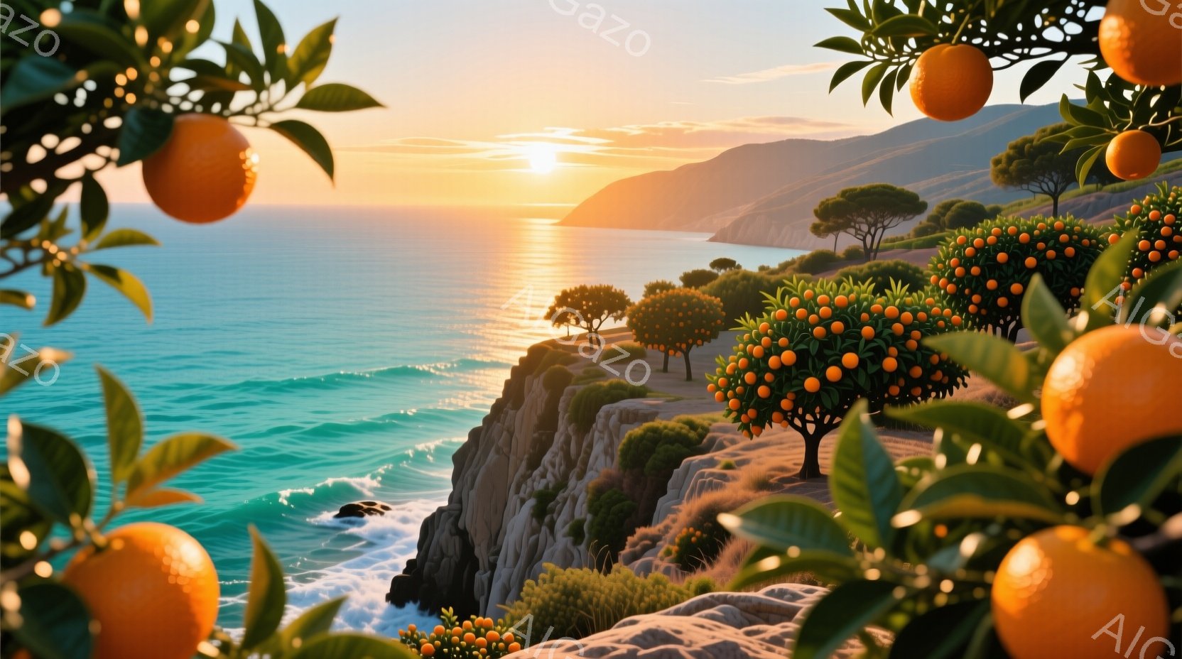 岩場にオレンジの木が生い茂り、青い海と夕焼けが広がる風景です。太陽は地平線に沈みかけ、海面をオレンジ色に染めています。木々は海岸線に沿って立ち並び、穏やかで平和な雰囲気を醸し出しています。