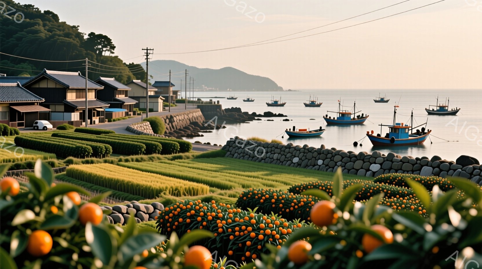 青々とした畑とオレンジ色の実が手前に広がり、背後には穏やかな海と沿岸の集落が広がっている。紺色の屋根を持つ家々が整然と並び、数隻の漁船が海上に浮かんでいる。全体的に静かで平和な田園風景であり、温かい日差しが心地よい雰囲気を醸し出している。