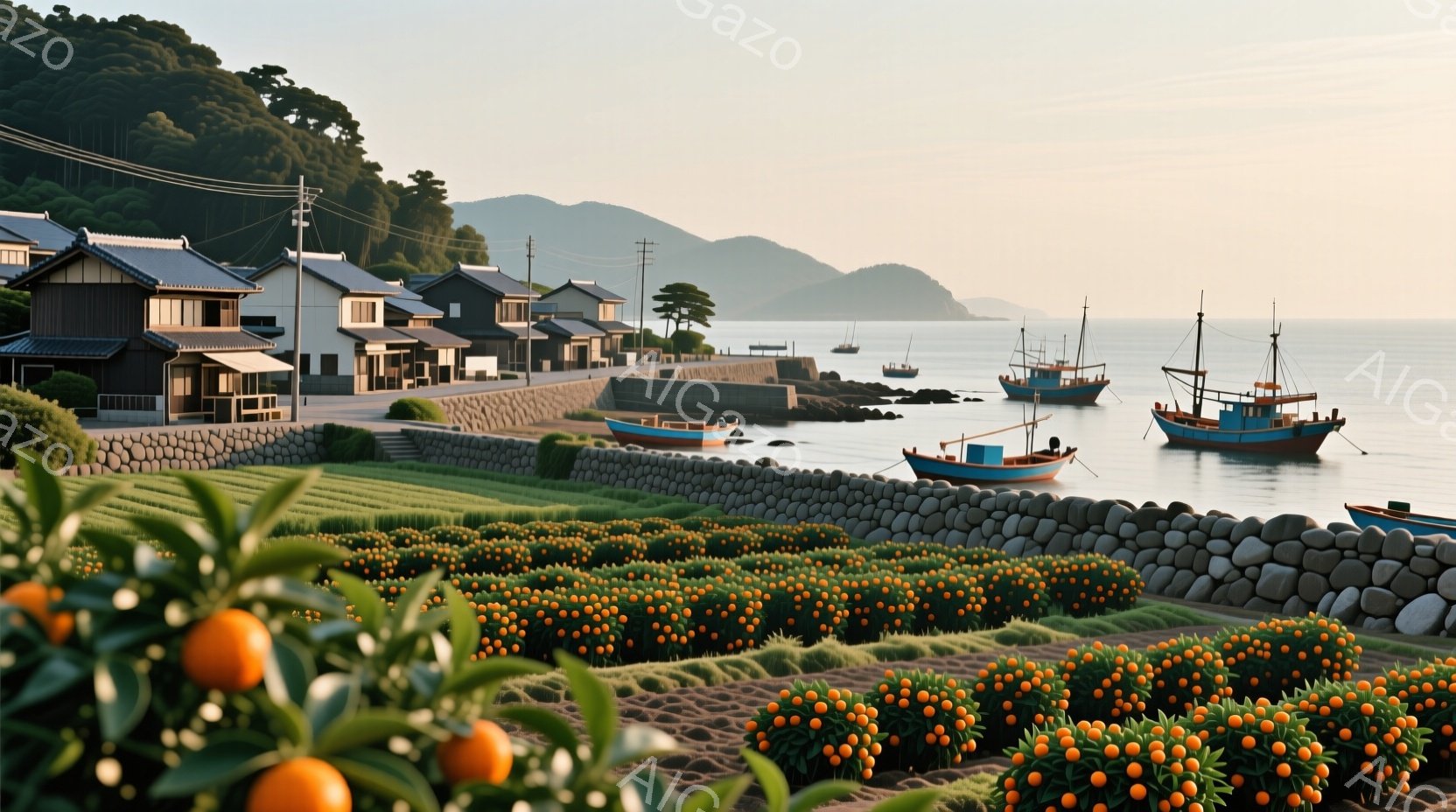 橘色の実をつけた木々が手前に広がり、背後には海岸線に沿って趣のある家々が並んでいる。穏やかな海には伝統的な漁船が浮かび、遠くには緑豊かな山々が連なっている。全体的に穏やかで牧歌的な雰囲気が漂い、日本の美しい自然と伝統的な生活様式が調和している様子が伝わる。