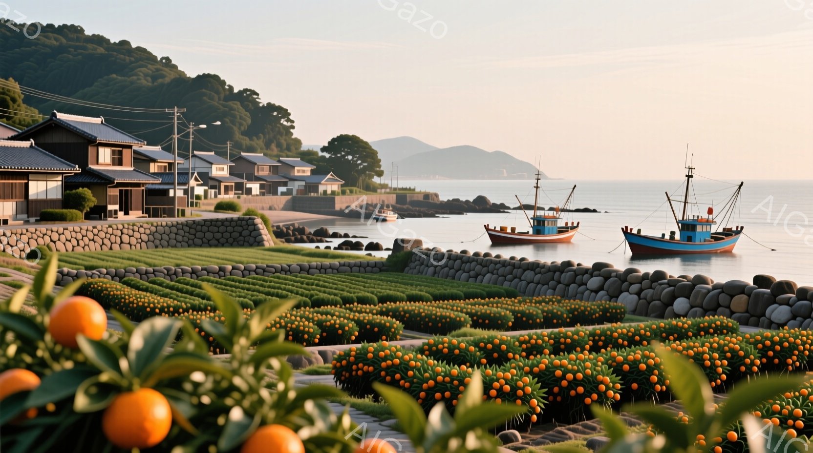 鮮やかなオレンジ色のミカンが実る畑が手前に広がり、背後には穏やかな海と小さな漁船が点在している。海岸沿いには石積みの擁壁があり、その先に可愛らしい家々が並んでいる。全体的に暖かく平和な雰囲気で、夕暮れ時の穏やかな光が印象的である。
