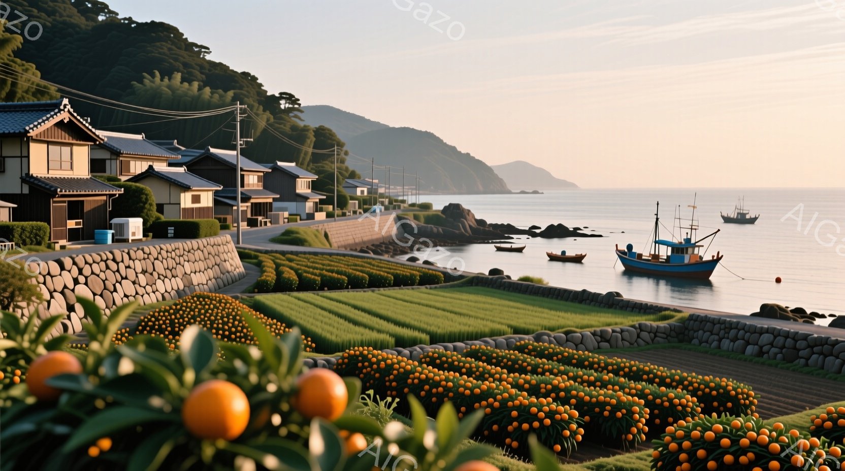 鮮やかなオレンジ色のミカンが手前に広がり、背後には緑豊かな田園風景と海岸線が広がっています。海岸沿いには伝統的な日本家屋が並び、遠くには青い海と漁船が見えます。穏やかな日差しと自然に囲まれた、静かで平和な雰囲気が漂っています。