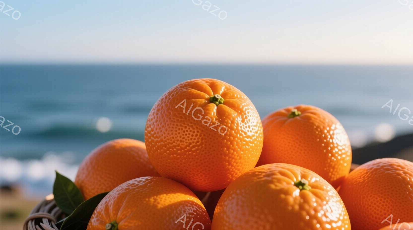 みずみずしいオレンジが、バスケットにぎっしりと詰まっています。背景には青い海と白い波が広がり、晴れた日の穏やかな雰囲気を醸し出しています。オレンジの鮮やかな色彩と自然の背景が組み合わさり、爽やかで健康的な印象を与えます。