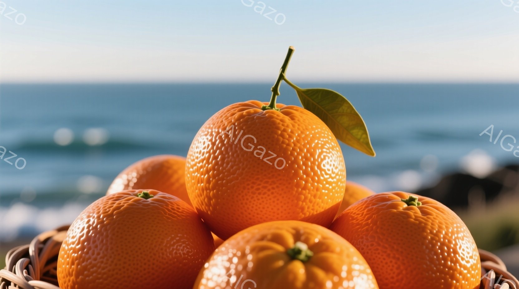 オレンジがバスケットに盛られています。背景には青い海と岩場が広がり、晴れた日の穏やかな雰囲気を醸し出しています。オレンジの鮮やかな色が、自然の背景と調和し、食欲をそそる構図となっています。