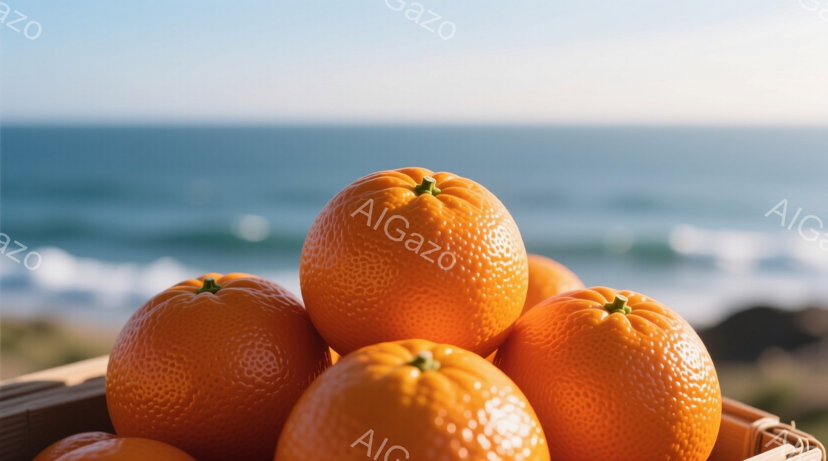 鮮やかなオレンジが柳の籠に山積みにされています。背景には青い海と白い波が広がり、穏やかな晴天のようです。オレンジの表面は細かい凹凸があり、みずみずしさを感じさせます。