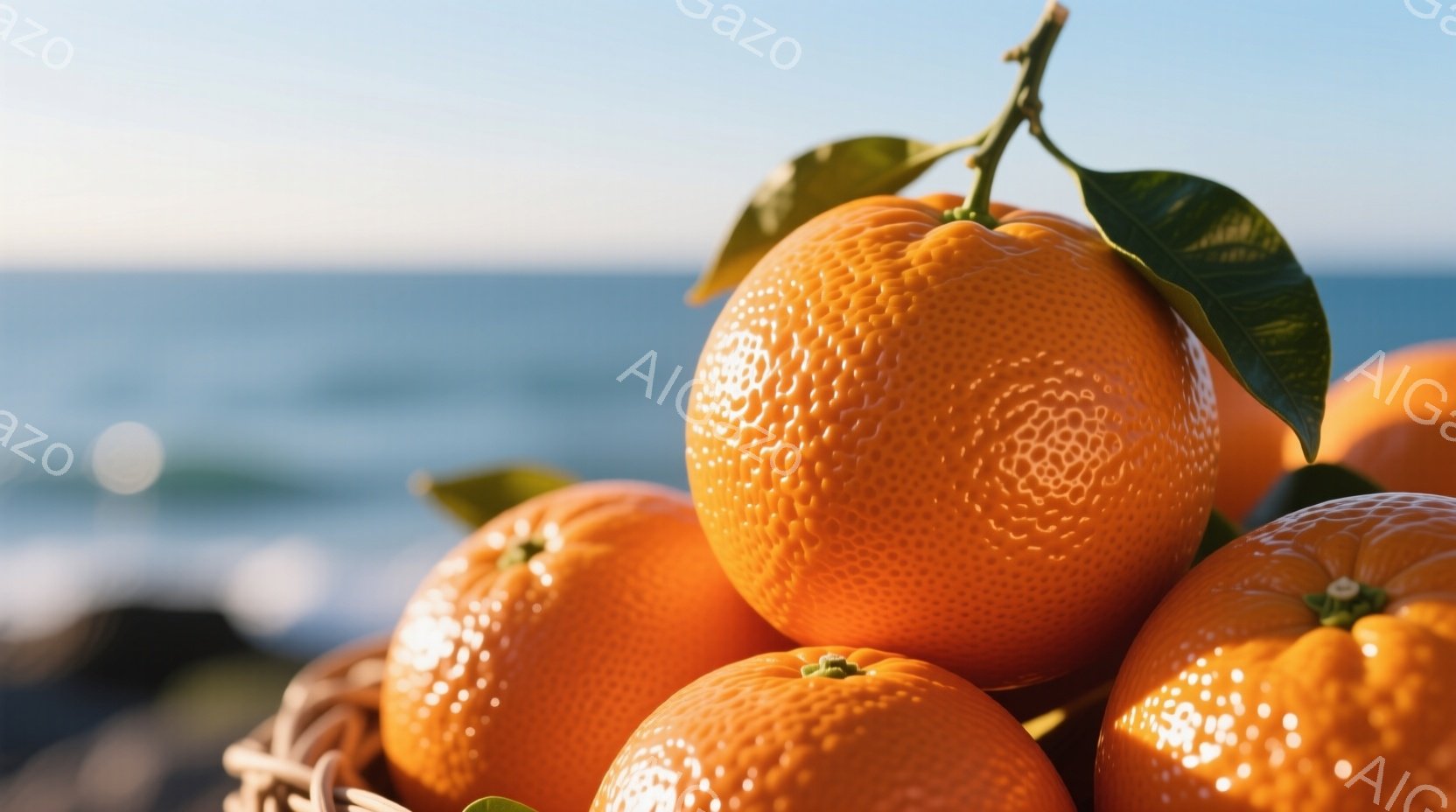 みかんがざっくりと編まれたかごの中に盛られています。背景には青い海と海岸線が広がり、晴れた空が広がっています。みかんは鮮やかなオレンジ色で、葉っぱが数枚付いており、全体的に明るく、フレッシュな印象を与えます。