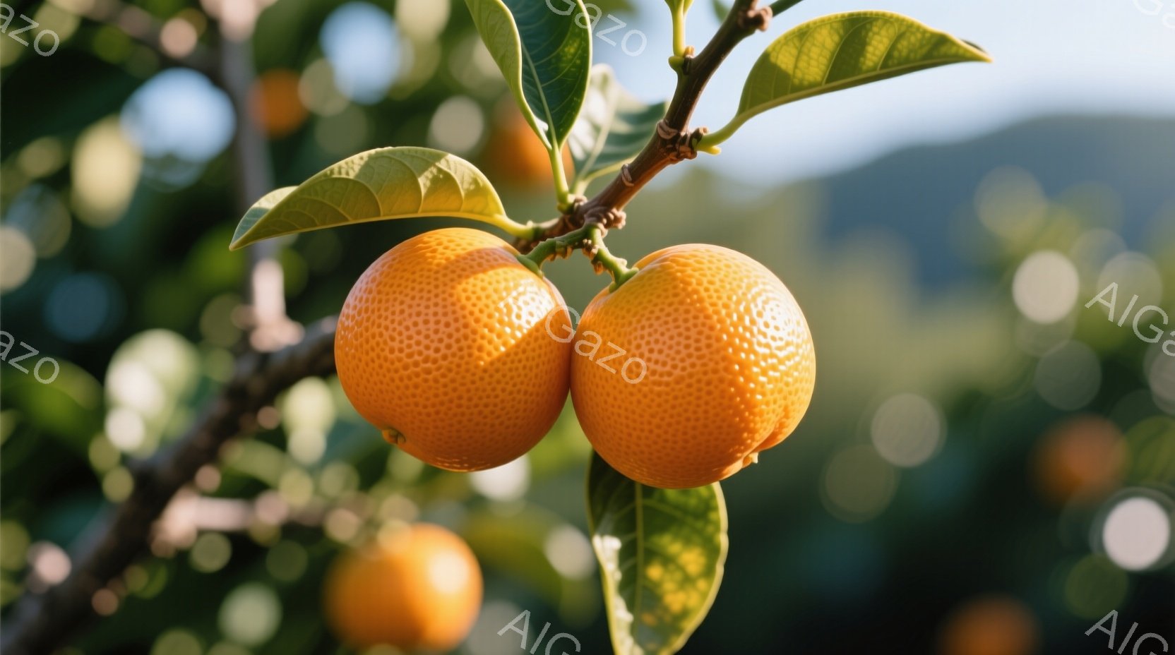 鮮やかなオレンジ色の柑橘類が、緑の葉に囲まれて枝にぶら下がっている。背景にはぼやけたオレンジ色の果実と緑豊かな自然が見え、温かく穏やかな雰囲気を醸し出している。太陽光が葉や果実に差し込み、光と影が美しく調和している。