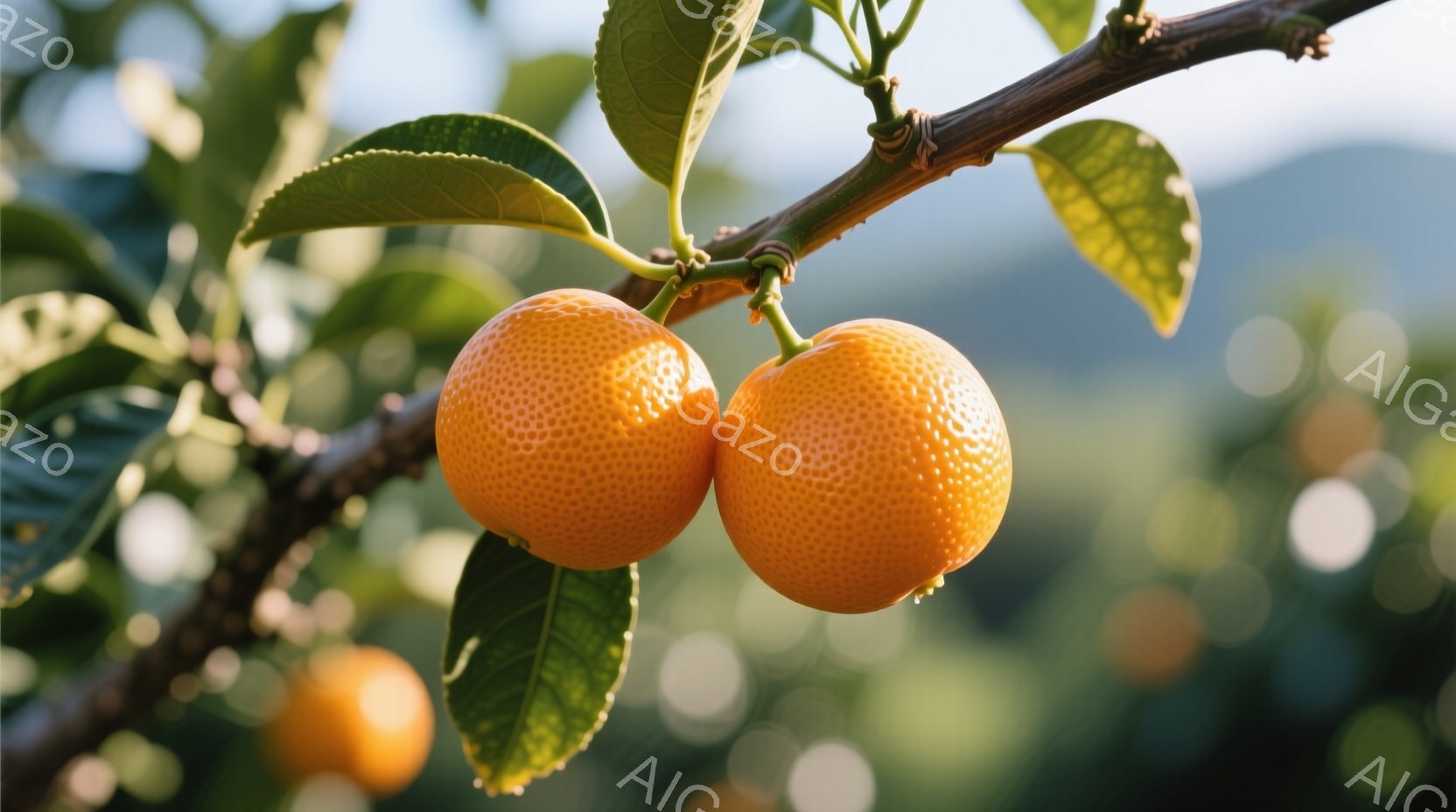 鮮やかなオレンジ色の柑橘類が、緑の葉に囲まれて枝に実っています。背景はぼやけた緑色で、自然光が差し込み、暖かく穏やかな雰囲気を醸し出しています。果実は瑞々しく、収穫間近の様子が伝わってきます。