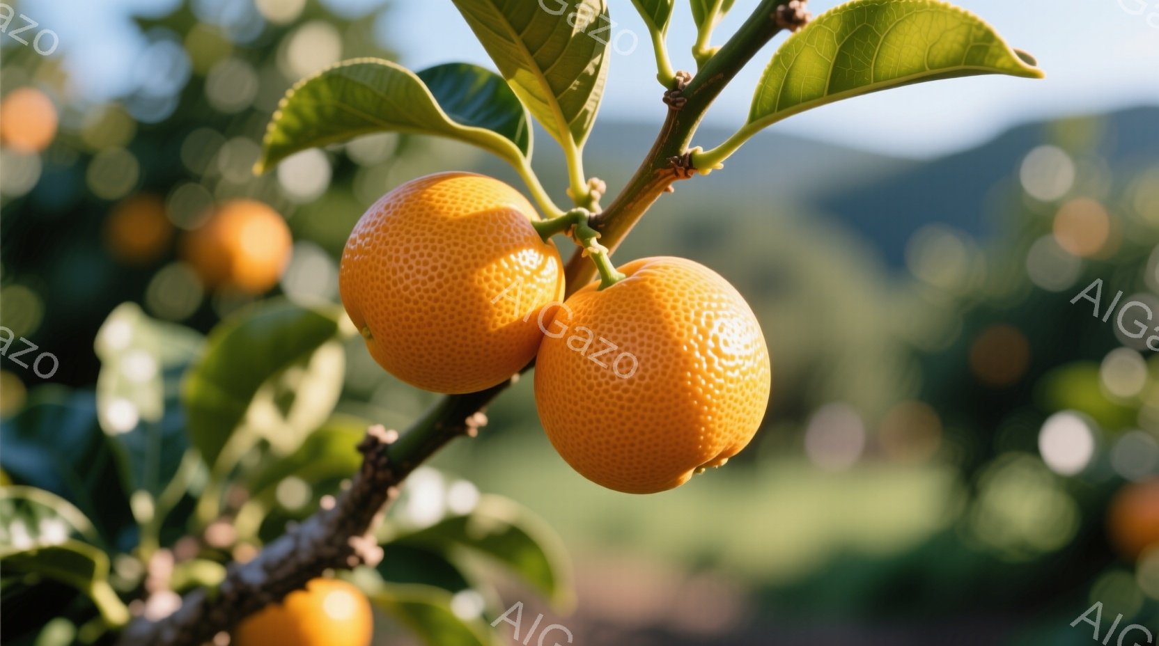 鮮やかなオレンジ色の柑橘類が枝に実っています。葉は濃い緑色で、背景はぼやけた緑の丘陵地帯と木々で、晴れた日の穏やかな光が差し込んでいます。全体的に、自然の恵みと豊かな色彩を感じさせる、静かで温かい雰囲 - AI生成フリー素材