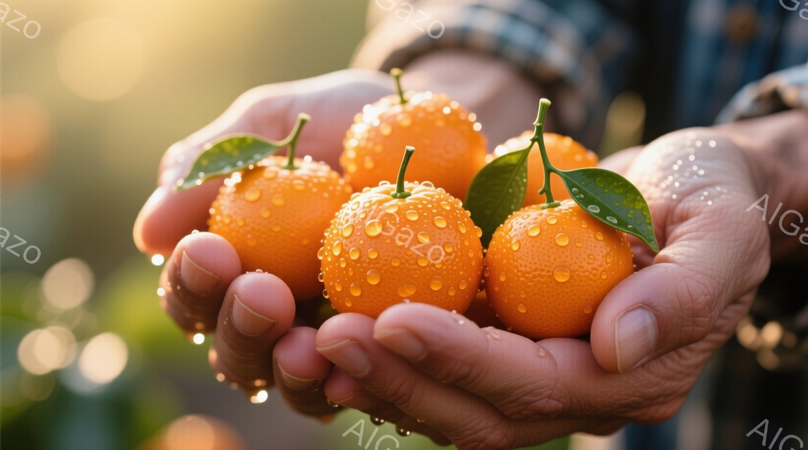 しわがれた手が、水滴に覆われたオレンジ色の小さな柑橘類を数個優しく包んでいる。背景はぼやけており、緑豊かな植物と日の光が差し込む様子が見て取れる。全体的に暖かく、穏やかな雰囲気で、収穫の喜びや自然とのつながりが感じられる。