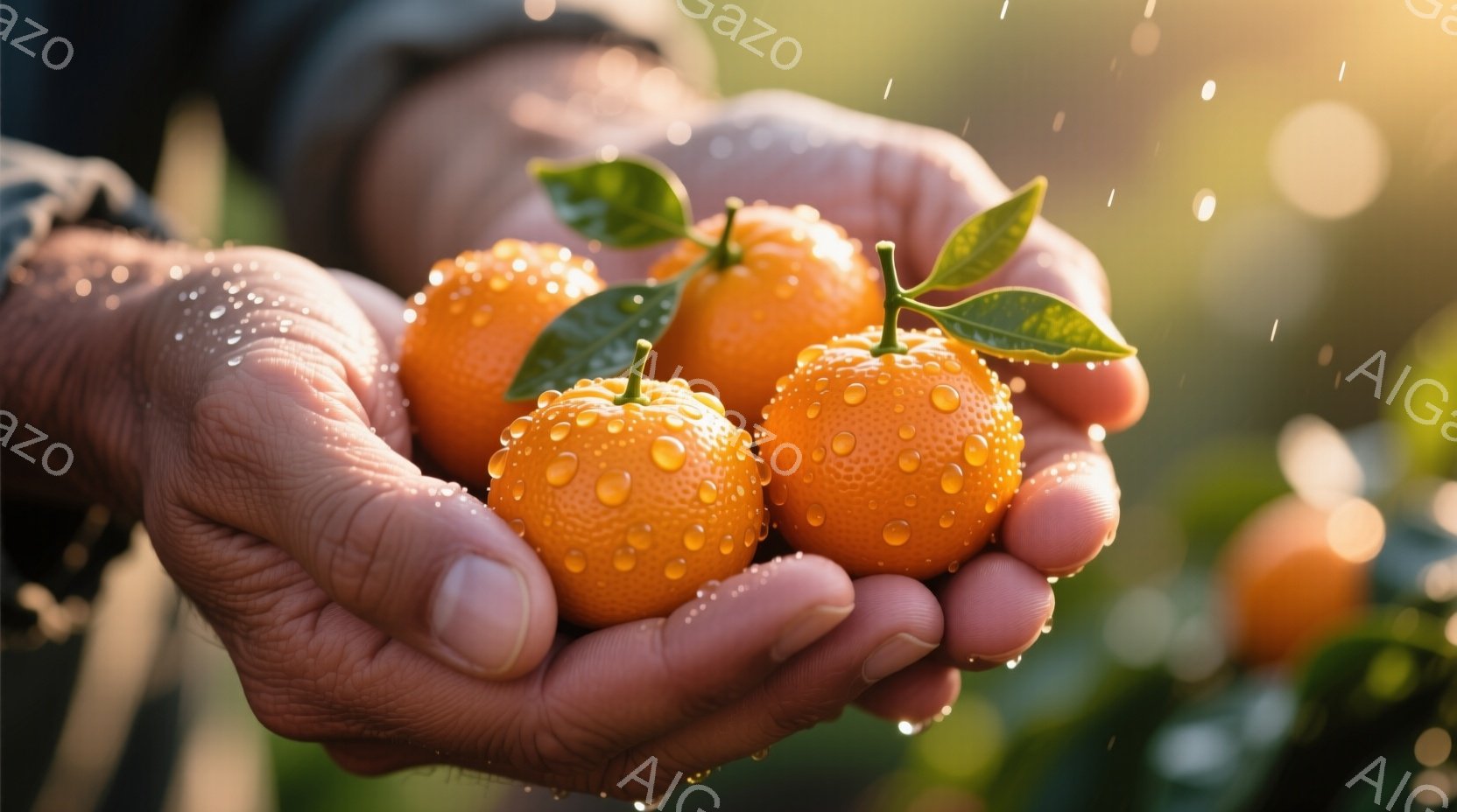 しわがれた手の中に、露に濡れたオレンジ色の果実がいくつか握られています。背景にはぼやけた緑の葉とオレンジの木が見え、雨粒が光を反射してキラキラと輝いています。全体的に、収穫されたばかりの果実を大切に抱える農家の手の温かさと、自然の恵みに感謝する雰囲気が伝わってきます。