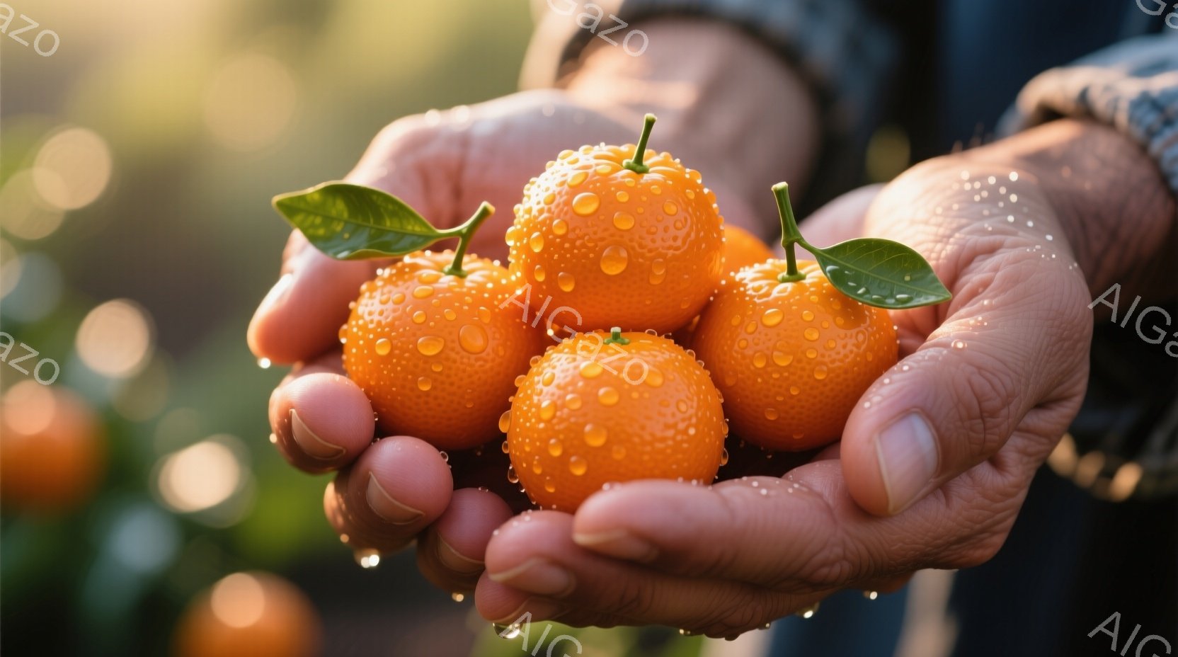 しわがれた手が、濡れたオレンジをいくつか優しく包み込んでいる。背景にはオレンジの木がぼやけて見え、おそらく果樹園で撮影されたものであろう。全体的に暖かく、実りの秋を思わせる穏やかな雰囲気である。 - AI生成フリー素材