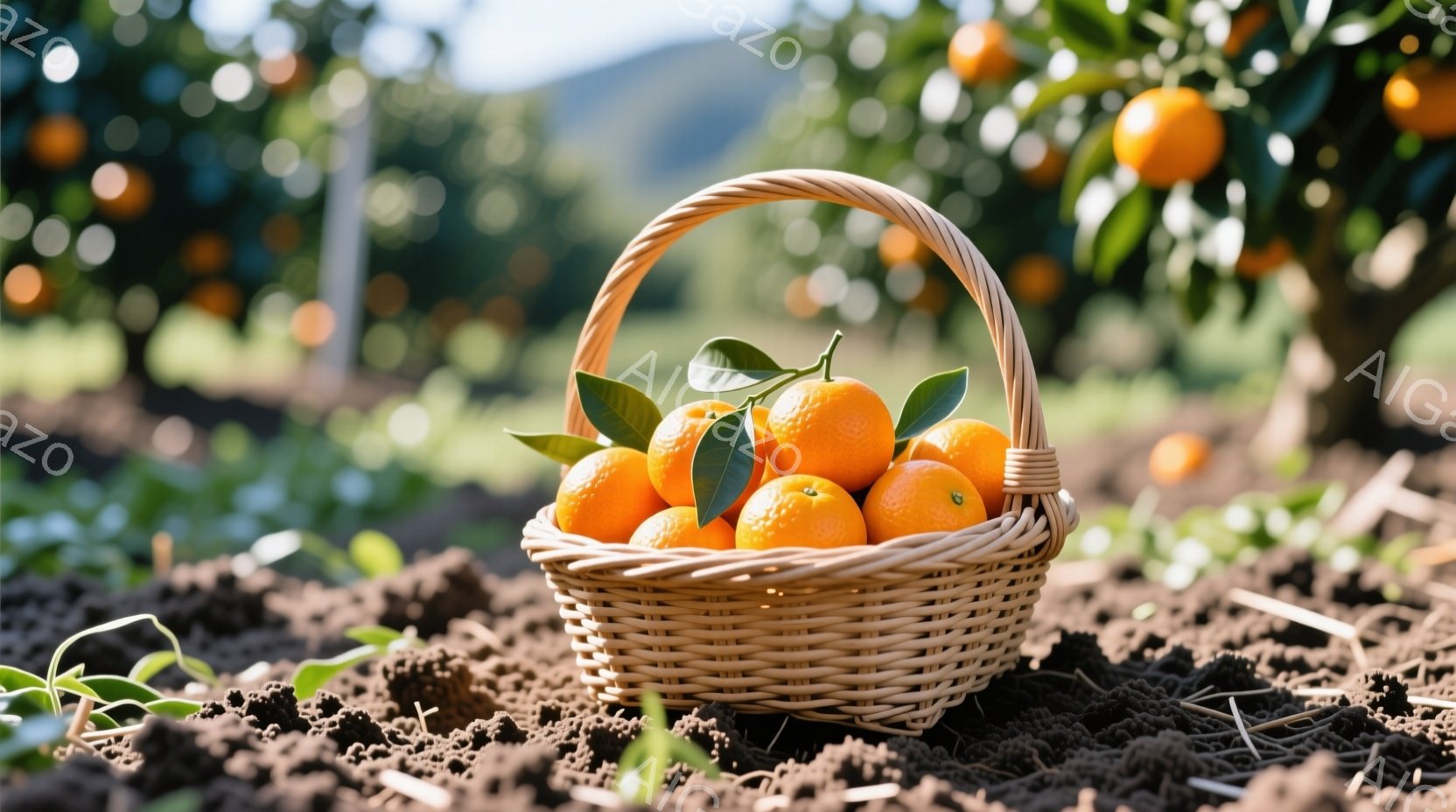 オレンジが詰まった籐の籠が土の上に置かれている。背景にはオレンジの木が並び、ぼやけた緑の丘が見える穏やかな日差しが差し込み、全体的に暖かく、新鮮な収穫の雰囲気が漂う。土は耕されたばかりで、農園の一場面を切り取ったような光景である。