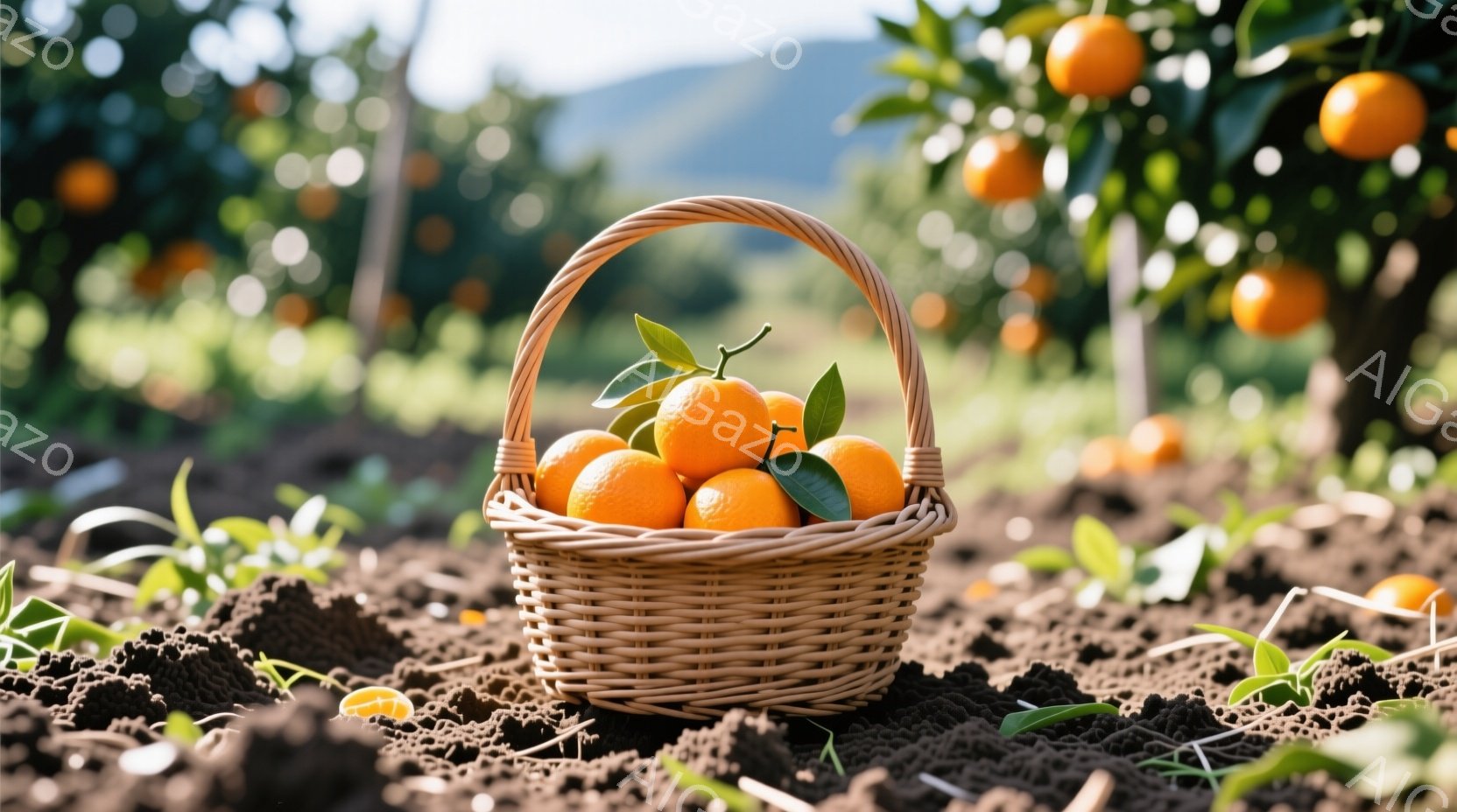 籐で編まれたかごが土の上に置かれており、中には鮮やかなオレンジがぎっしりと詰まっています。背景にはオレンジの木が広がり、緑豊かな葉と実がぼんやりと見え、晴れた日の暖かく穏やかな雰囲気を醸し出しています - AI生成フリー素材