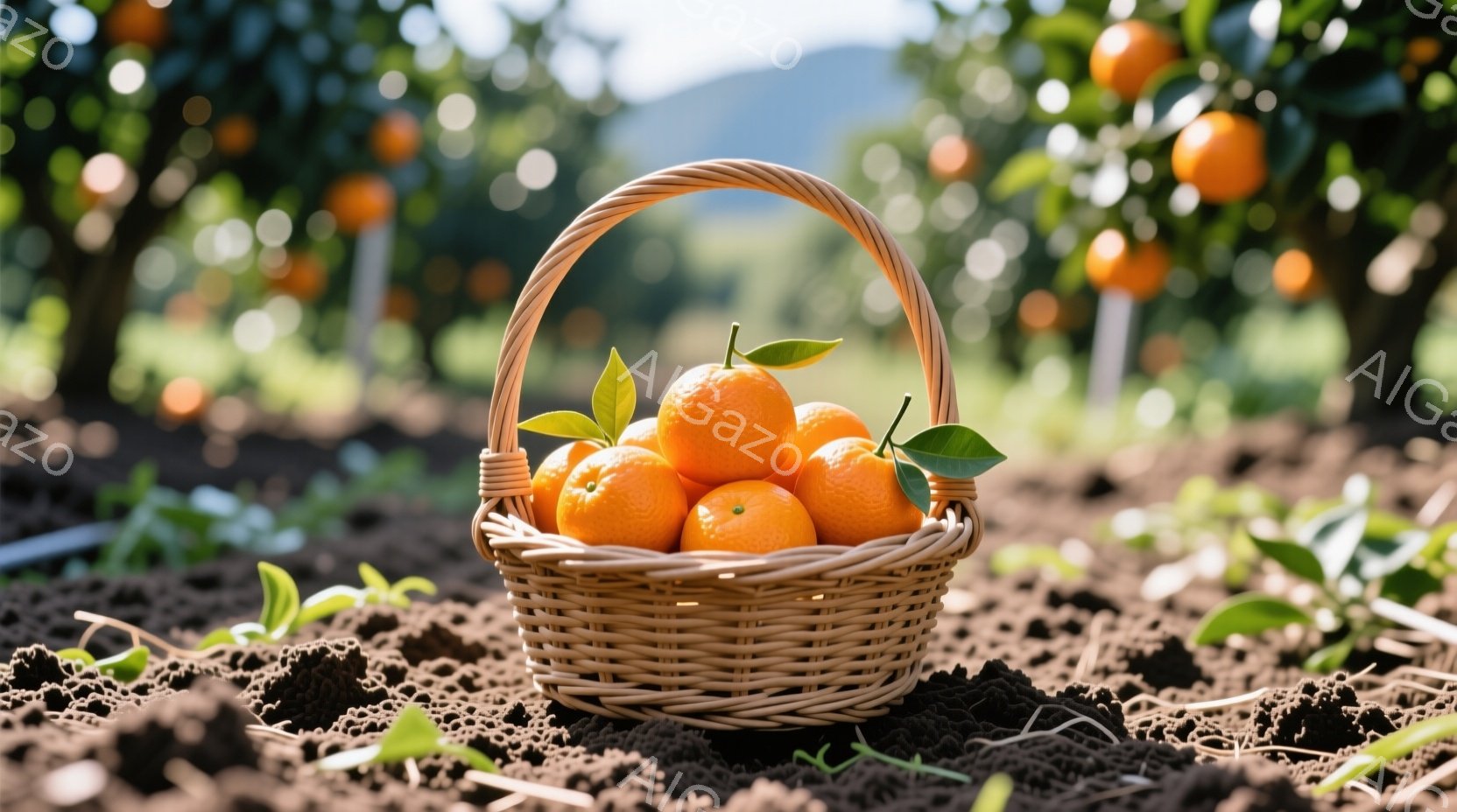 織り目の細かい籐製の籠の中に、鮮やかなオレンジが数個並んでいる。籠は土の上に置かれており、背景にはオレンジの木が広がり、緑の葉と実が密集している。暖かな日差しが差し込み、オレンジ畑の穏やかで豊かな雰囲気が感じられる。