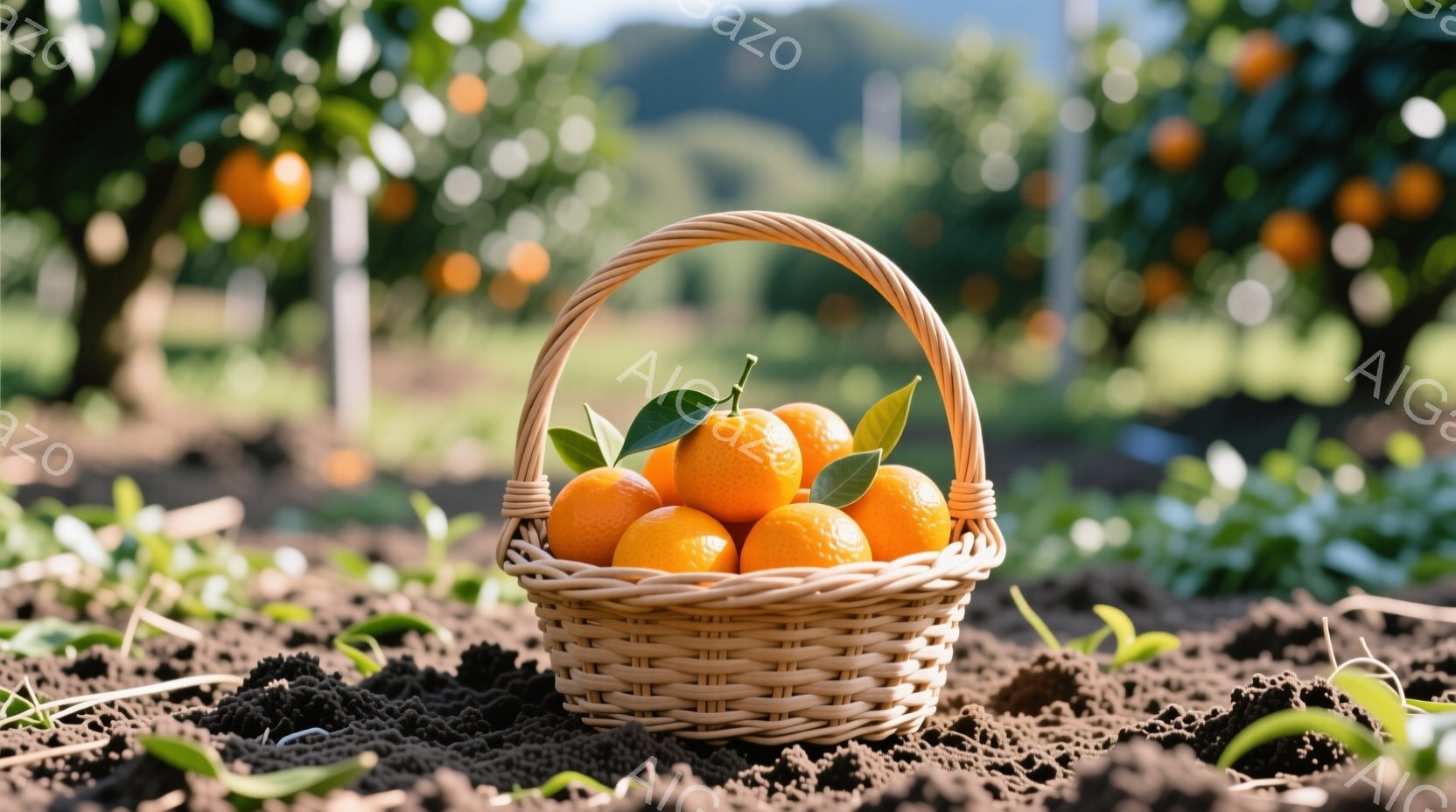 籠の中に鮮やかなオレンジが並べられており、緑の葉が添えられています。背景にはオレンジの木が広がり、土の上に籠が置かれている様子から、収穫されたばかりのオレンジの風景が伝わってきます。全体的に暖かく、穏やかな雰囲気が漂っています。