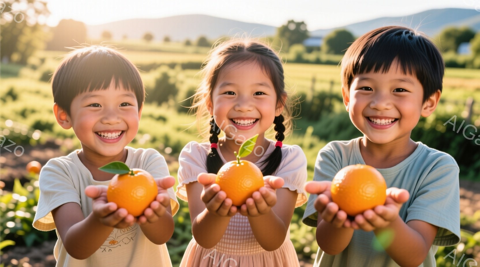 三人の子供たちがオレンジ色の果物を両手で掲げ、満面の笑みを浮かべている。子供たちはそれぞれ白いTシャツを着ており、女の子は三つ編みの髪型をしている。背景には緑の畑と遠くの山々が見え、晴れた日の穏やかな雰囲気が漂っている。