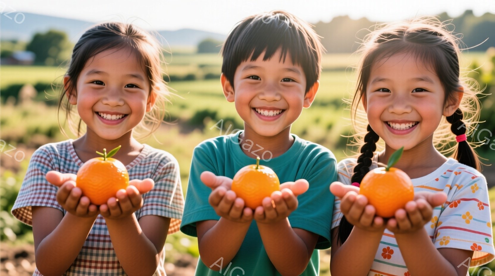 三人の子供たちがオレンジ色の果物を両手で掲げて笑顔で立っています。女の子は髪を三つ編みにし、チェック柄のシャツを着ています。背景には緑豊かな畑が広がり、晴れた空と穏やかな光が感じられる、温かく幸せな雰囲気です。
